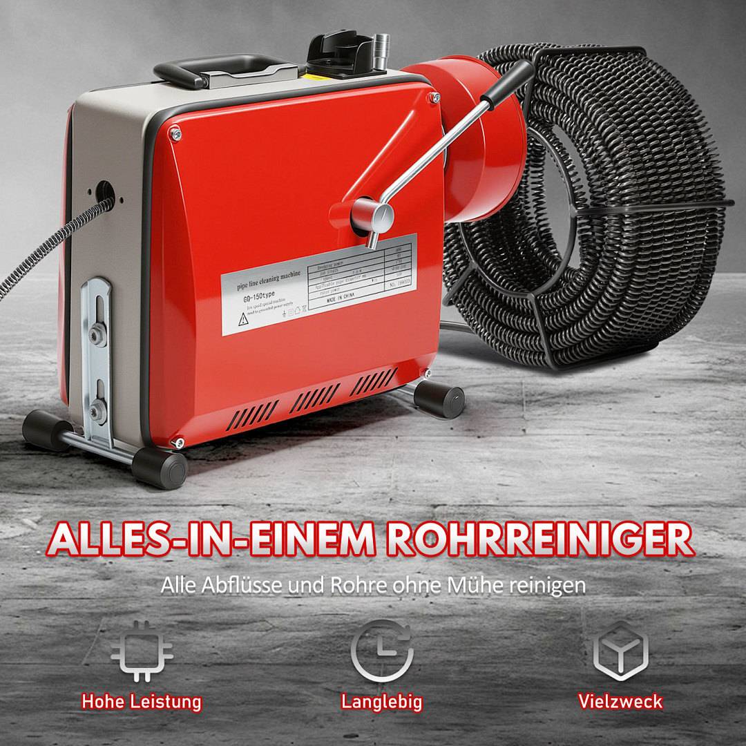 Eine rote Rohrreinigungsmaschine für alle Anwendungen wird mit aufgerollten Kabeln präsentiert. Der Text besagt: „Alle Abflüsse und Rohre mühelos gereinigt