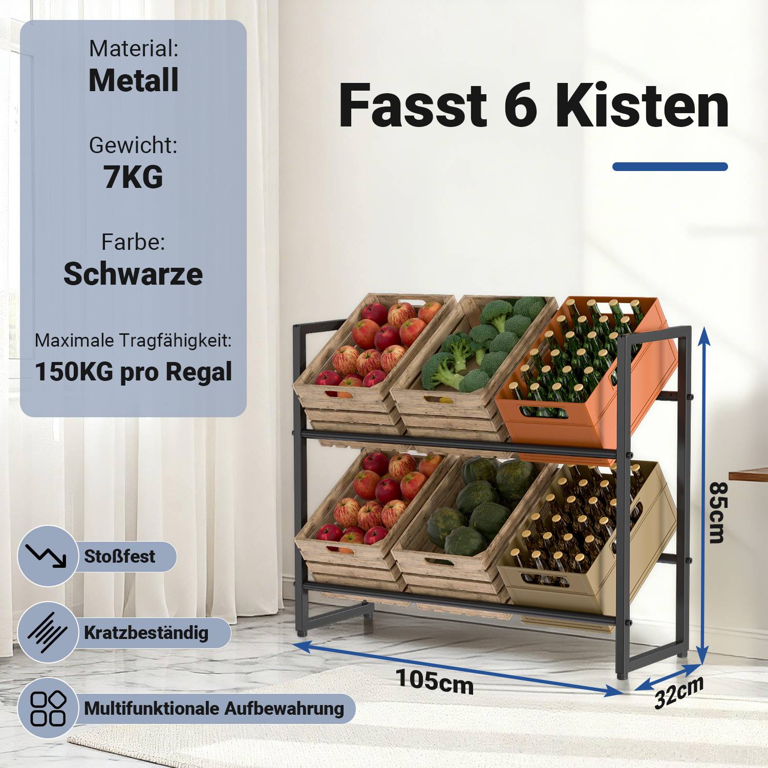Ein mehrstufiges Metallregal hält verschiedene Obst- und Gemüsesorten. Abmessungen: 85 cm Höhe, 105 cm Breite, 32 cm Tiefe. Zu den Merkmalen gehören 150 kg Tragfähigkeit pro Regal, stoßfest und kratzunempfindlich.