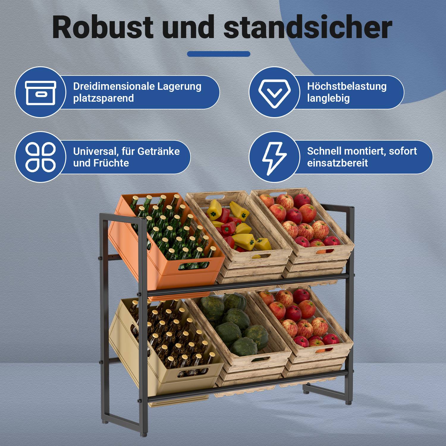 Robust und standsicher' über einem zweistufigen Obstständer mit verschiedenen Früchten. Mit Symbolen für Haltbarkeit, einfache Montage und Vielseitigkeit.