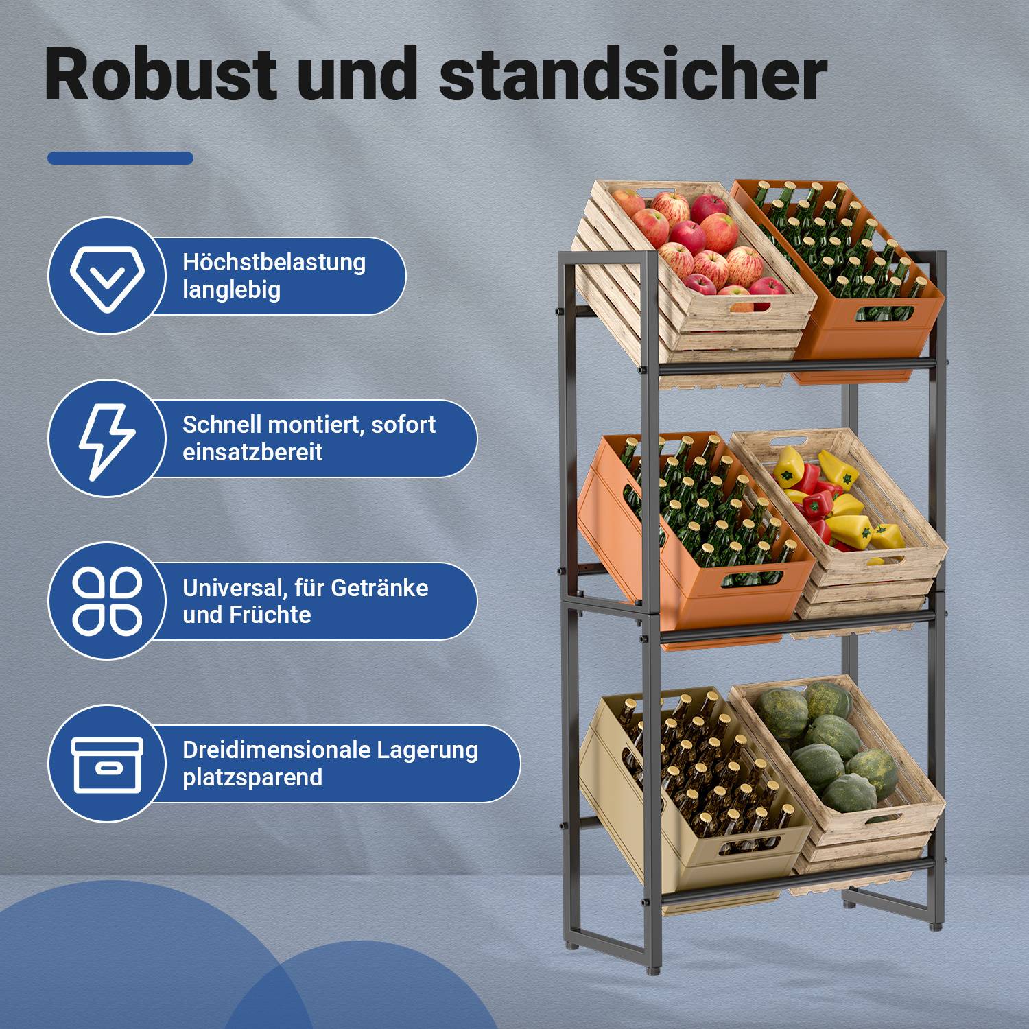 Regalsystem gefüllt mit Obst und Gemüse. Deutsche Textelemente heben Merkmale hervor: robust, einfache Montage, vielseitig für Getränke und Früchte, platzsparend.