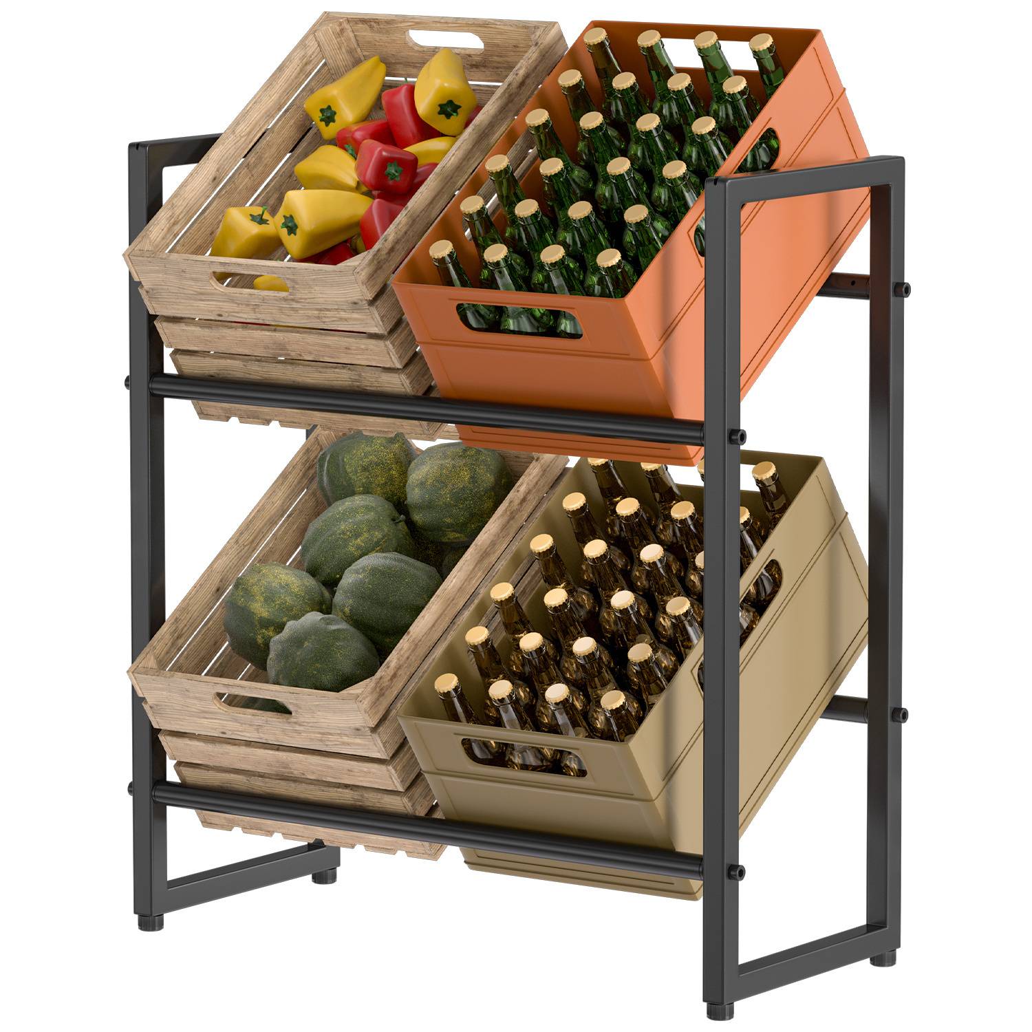 Ein mehrstufiges Gestell trägt Holzkisten mit einer Auswahl an roten und gelben Paprikaschoten, grünen Melonen und Flaschen und präsentiert Produkte und Getränke.