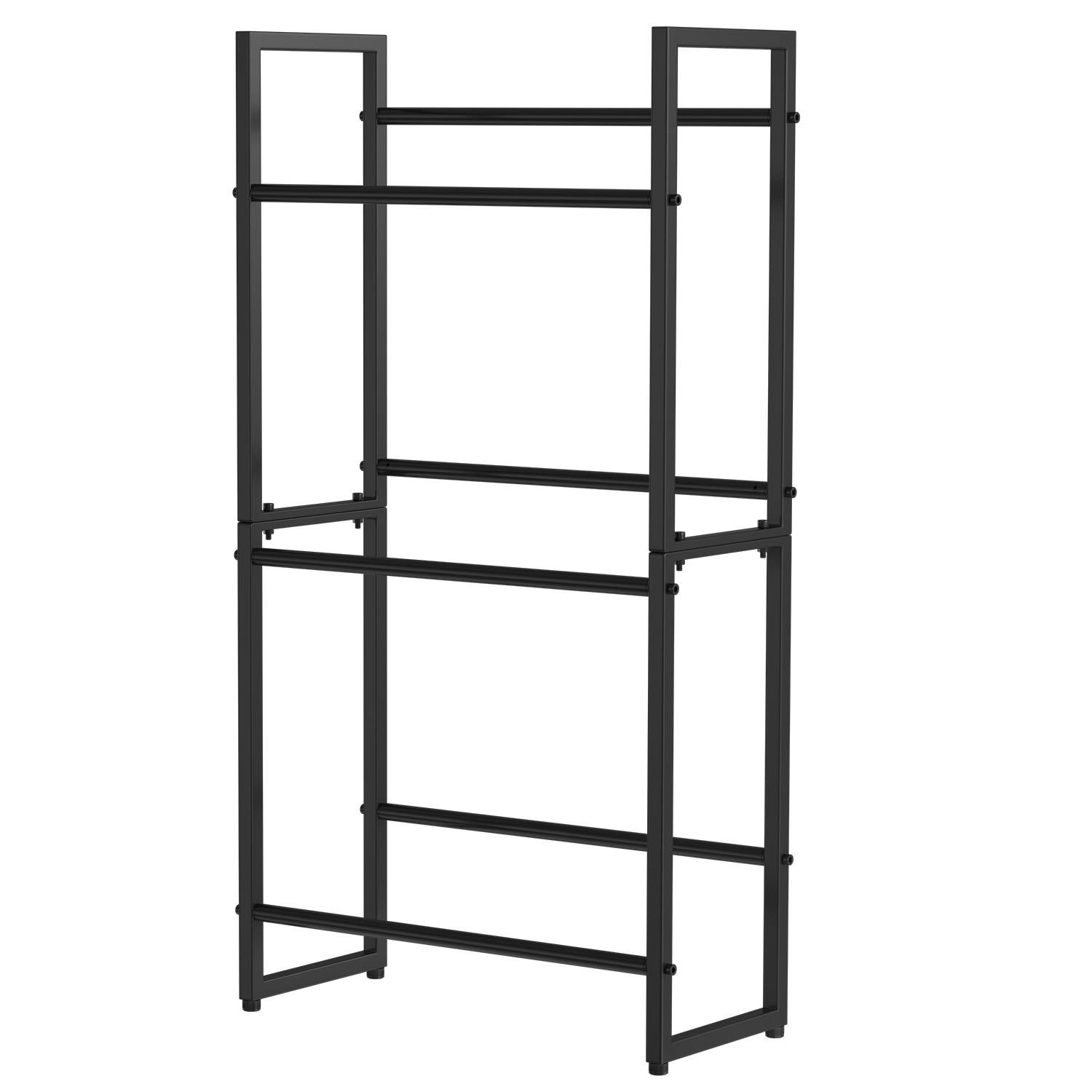 Ein schwarzes Metallregal mit zwei Böden und offenen Seiten, geeignet zur Aufbewahrung von Gegenständen in einer Garage oder einem Abstellraum.