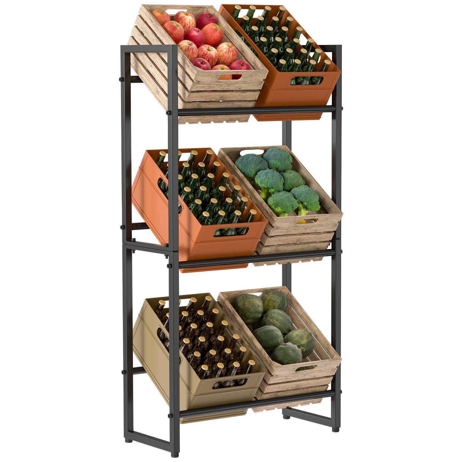 Ein dreistufiges Metallregal trägt Holz- und Plastikkisten, die mit Äpfeln, grünem Gemüse und Flaschen gefüllt sind und eine organisierte Lagerung präsentieren.