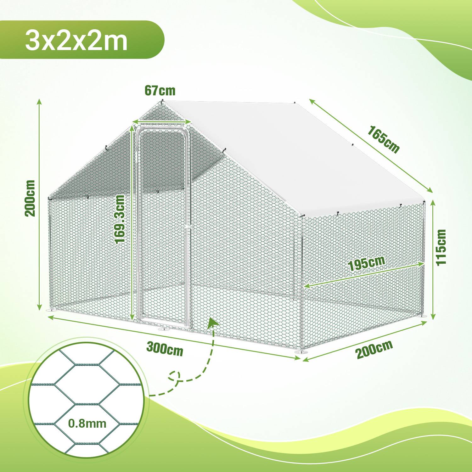 Eine Metallgitterummantelung mit den Maßen 3x2x2 Meter. Höhe beträgt 200 cm, Breite 200 cm und Länge 300 cm. Drahtdurchmesser beträgt 0,8 mm. Türhöhe 163,3 cm.