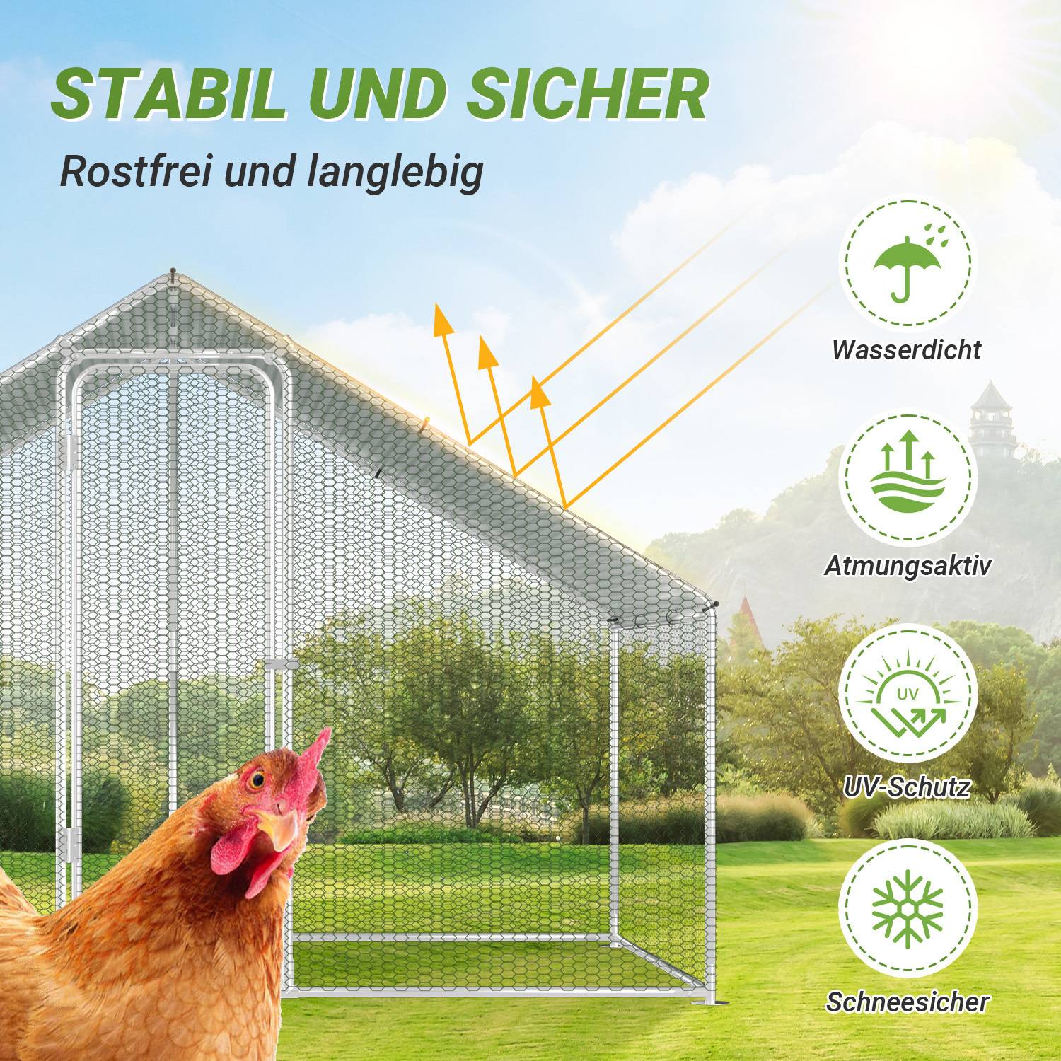 Hühnerstall 3x2x2 m mit Dach, Metall Freilaufgehege verzinkt