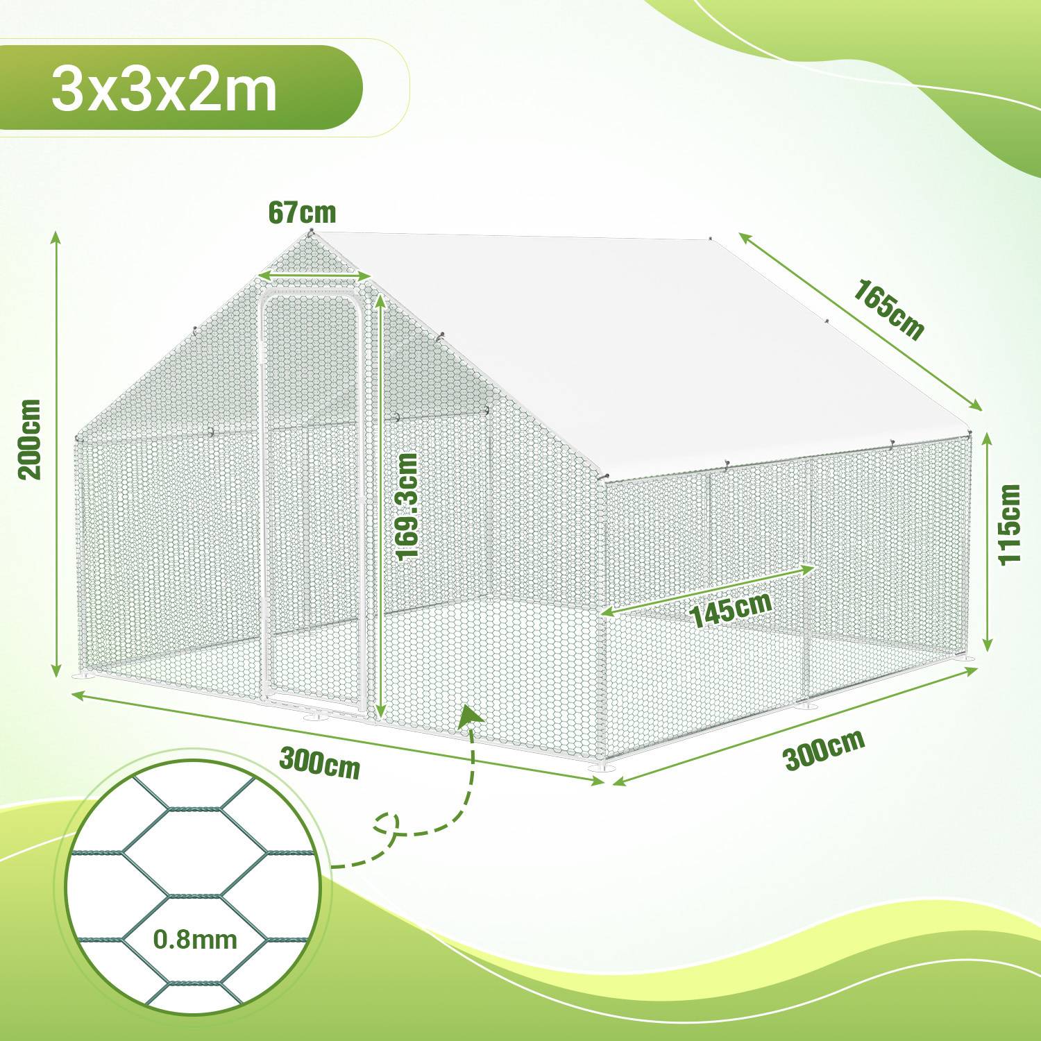 Gewächshausdesign, 3x3x2m: 67cm Tür, 165cm Breite, 200cm Höhe, 145cm Tiefe. Maschenweite: 0,8mm. Gesamtabmessungen: 300cm lang, 200cm breit, 115cm hoch.