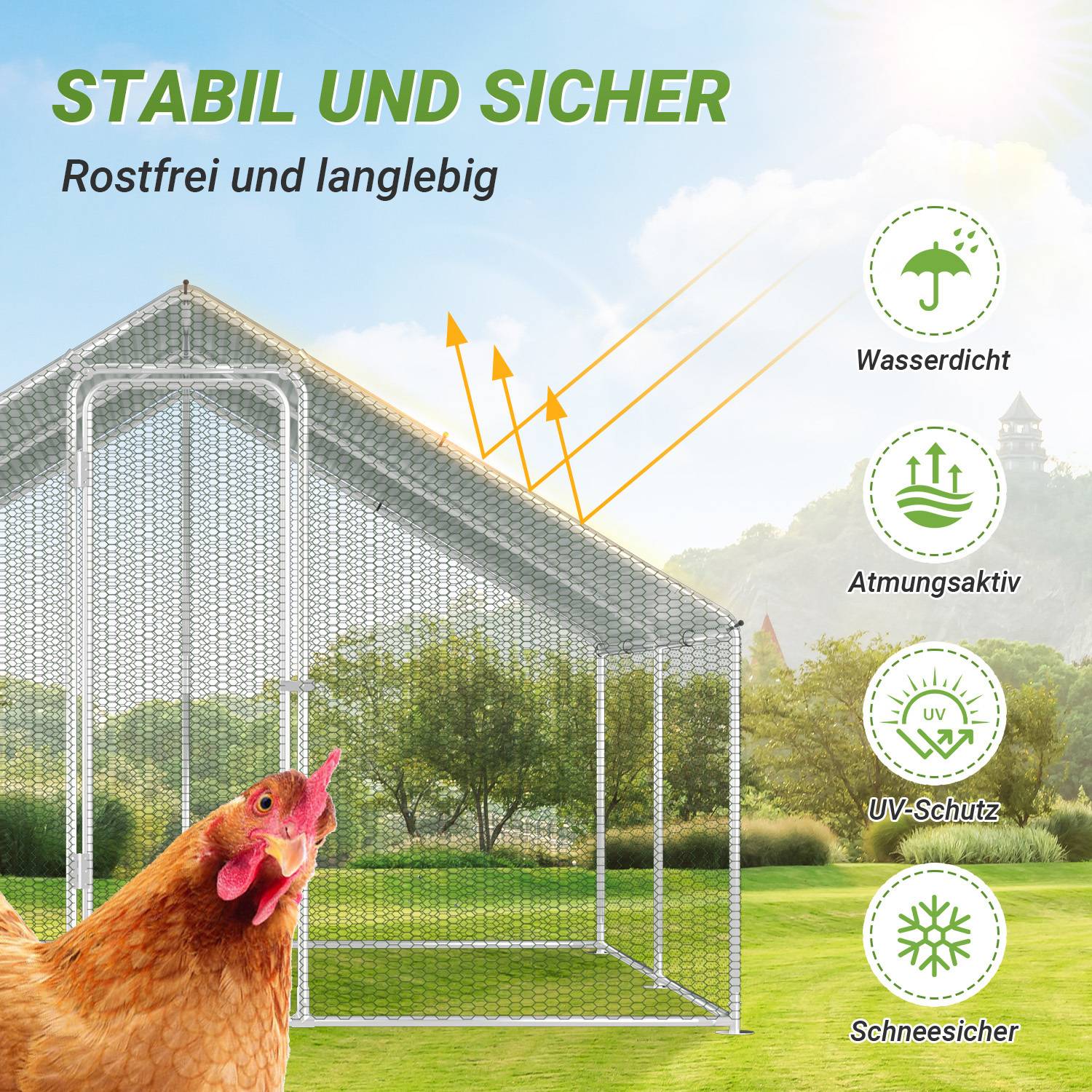 Ein Huhn steht außerhalb eines Metallmaschendrahtverschlags, der für seine Stabilität und Haltbarkeit hervorgehoben wird. Icons stellen wasserdichte, atmungsaktive, UV-Schutz- und Schneeresistenz-Eigenschaften dar.