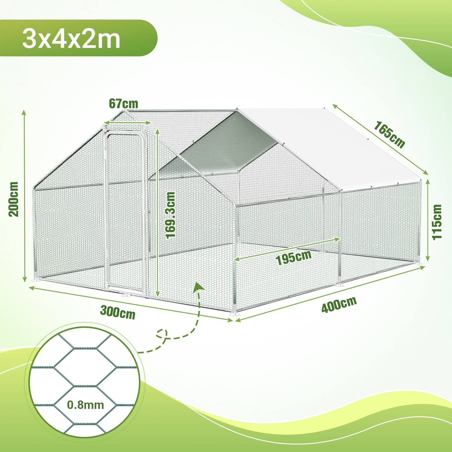 3x4x2m Hühnerstall': Eine Drahtgitterstruktur mit einem Dreiecksgiebeldach, Abmessungen: 300x400cm Grundfläche, 200cm Höhe, Maschenweite 0,8mm.