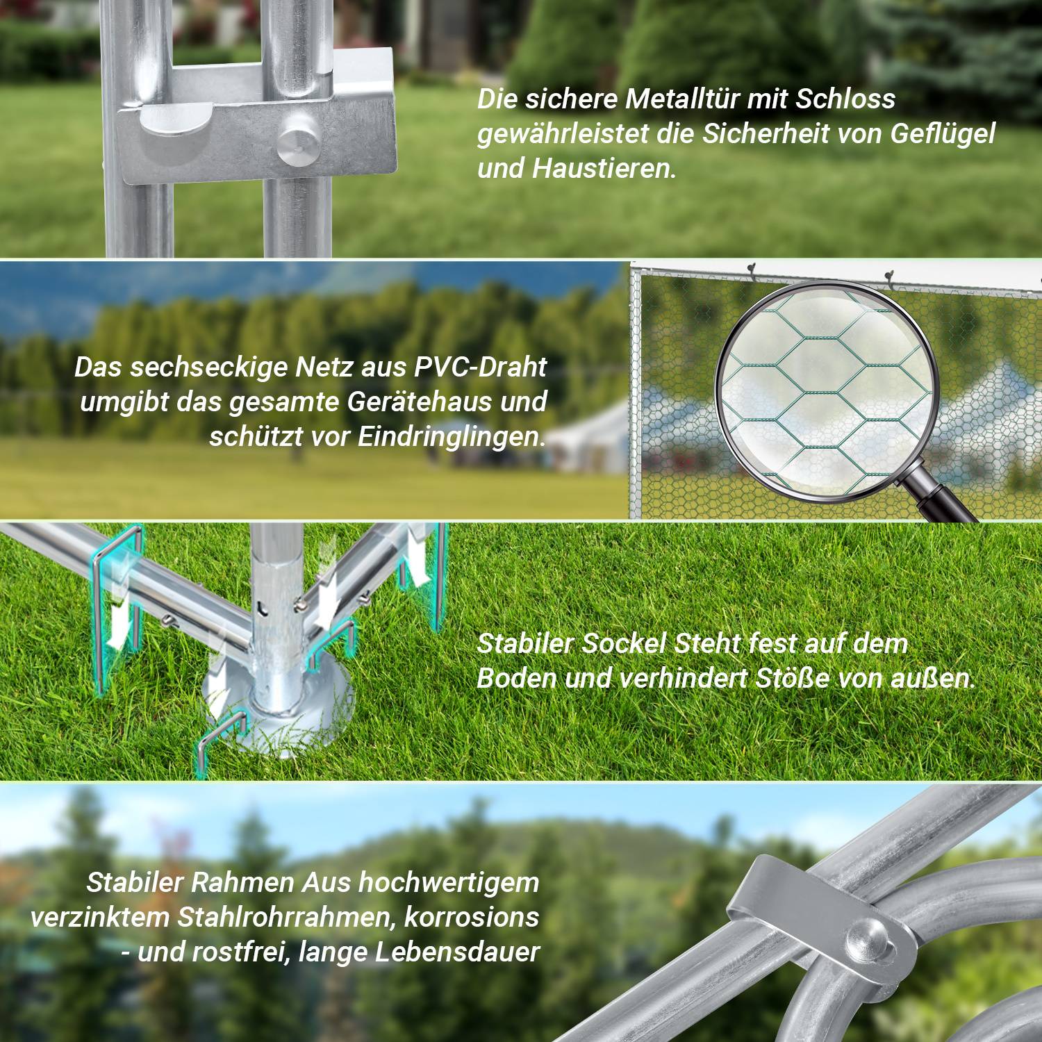 Ein Metallgehäuse mit Details des Verschlusses, sechseckigem Gitter, stabilem Sockel und robustem Rahmen, das für verbesserte Sicherheit und Langlebigkeit konzipiert ist.