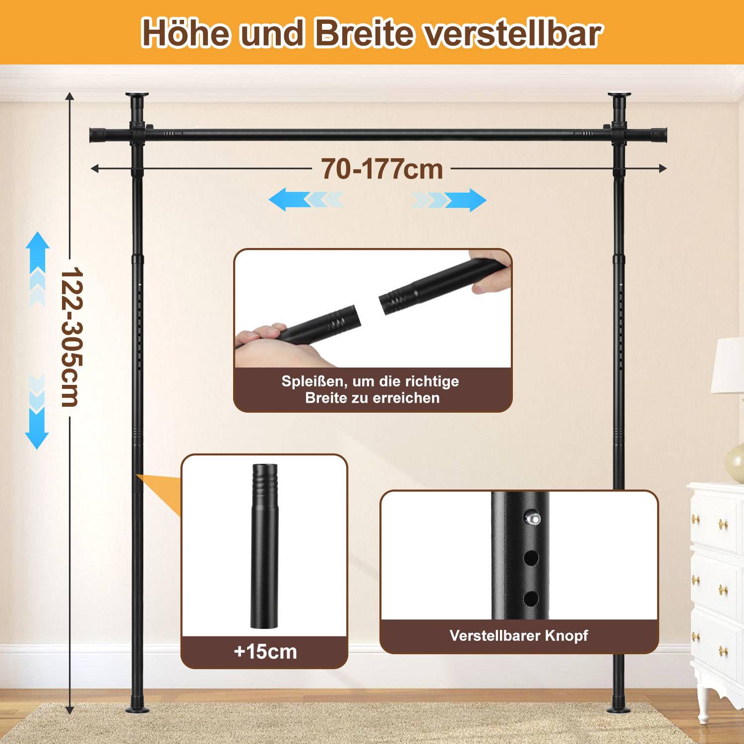 Vertikale Stange mit verstellbarer Höhe (122-305 cm) und Breite (70-177 cm). Zu den Funktionen gehören ein mittleres Verlängerungsstück und ein Einstellknopf.