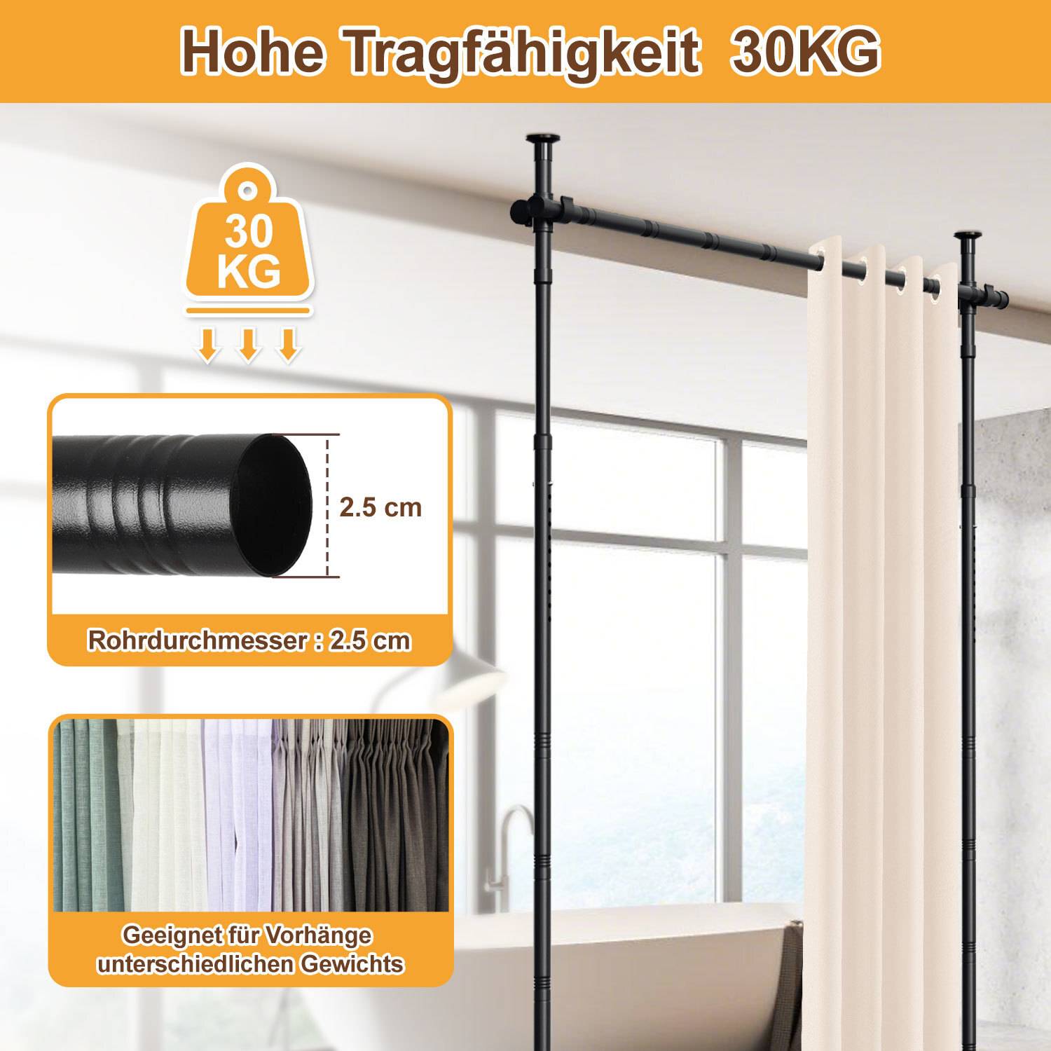 Hohe Tragfähigkeit 30 KG' oben. Grafik zeigt Gardinenstange mit 2,5 cm Durchmesser. Geeignet für Vorhänge unterschiedlicher Gewichte.