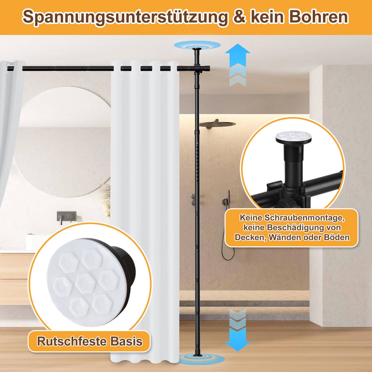 Spannstange für Vorhänge mit Montage ohne Bohren, ausgestattet mit einer rutschfesten Basis. Geeignet für Wände, Decken oder Böden.