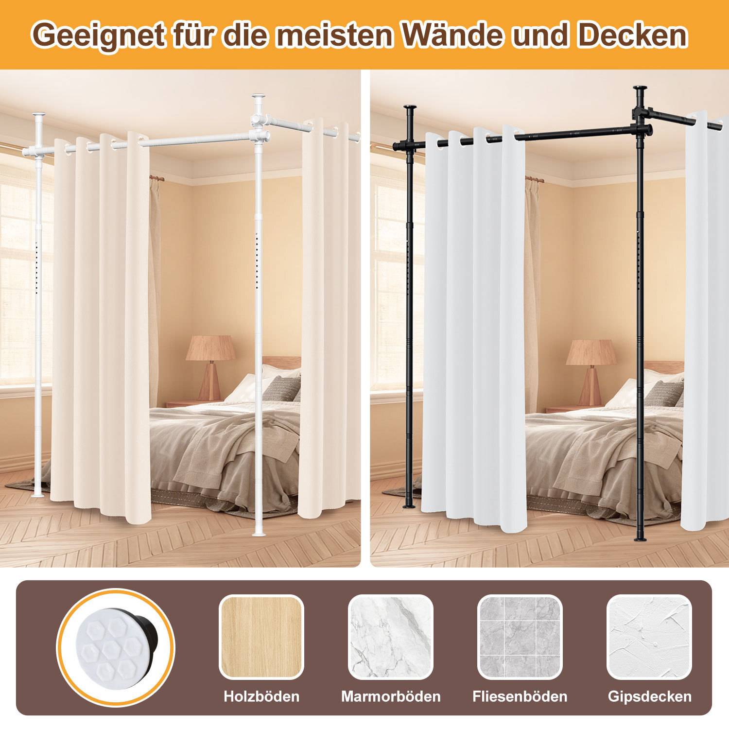 Vorhangstangen-Setup für Wände und Decken, Installationsdarstellung in zwei Räumen mit beigen Vorhängen. Kompatibel mit Holz-, Marmor-, Fliesen- und Gipsoberflächen.