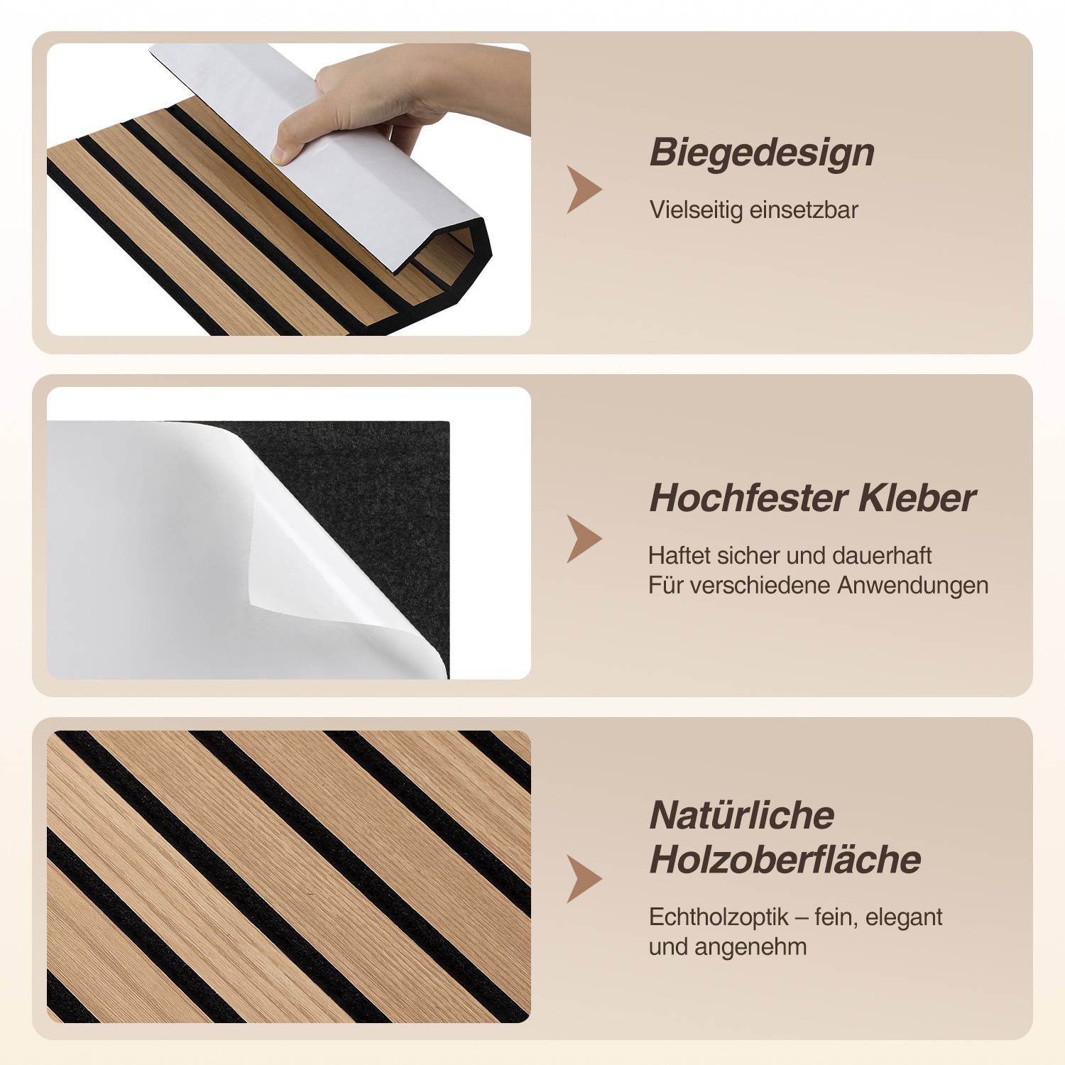 Das Bild zeigt drei Panels: 'Biegedesign' mit einer Hand, die Material biegt; 'Hochfester Kleber' stellt Klebstoff dar; 'Natürliche Holzoberfläche' zeigt eine Holztextur.