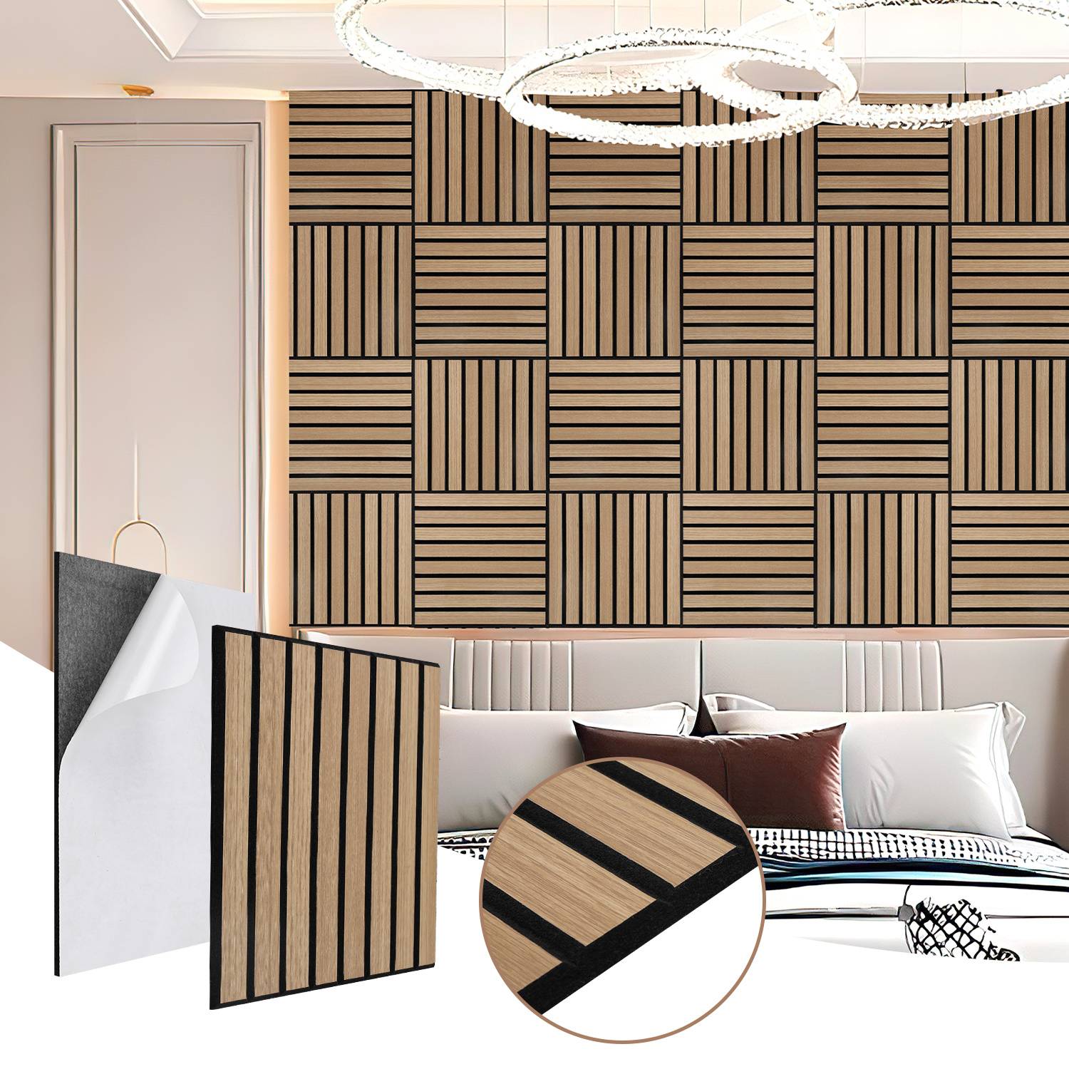 Inneneinrichtungs-Mockup, das eine Schlafzimmerwand mit einem geometrischen Holzlattenmuster zeigt; eingefügte Muster und eine Nahaufnahmedetail heben das Streifenlayout und die Oberflächenbehandlung hervor.