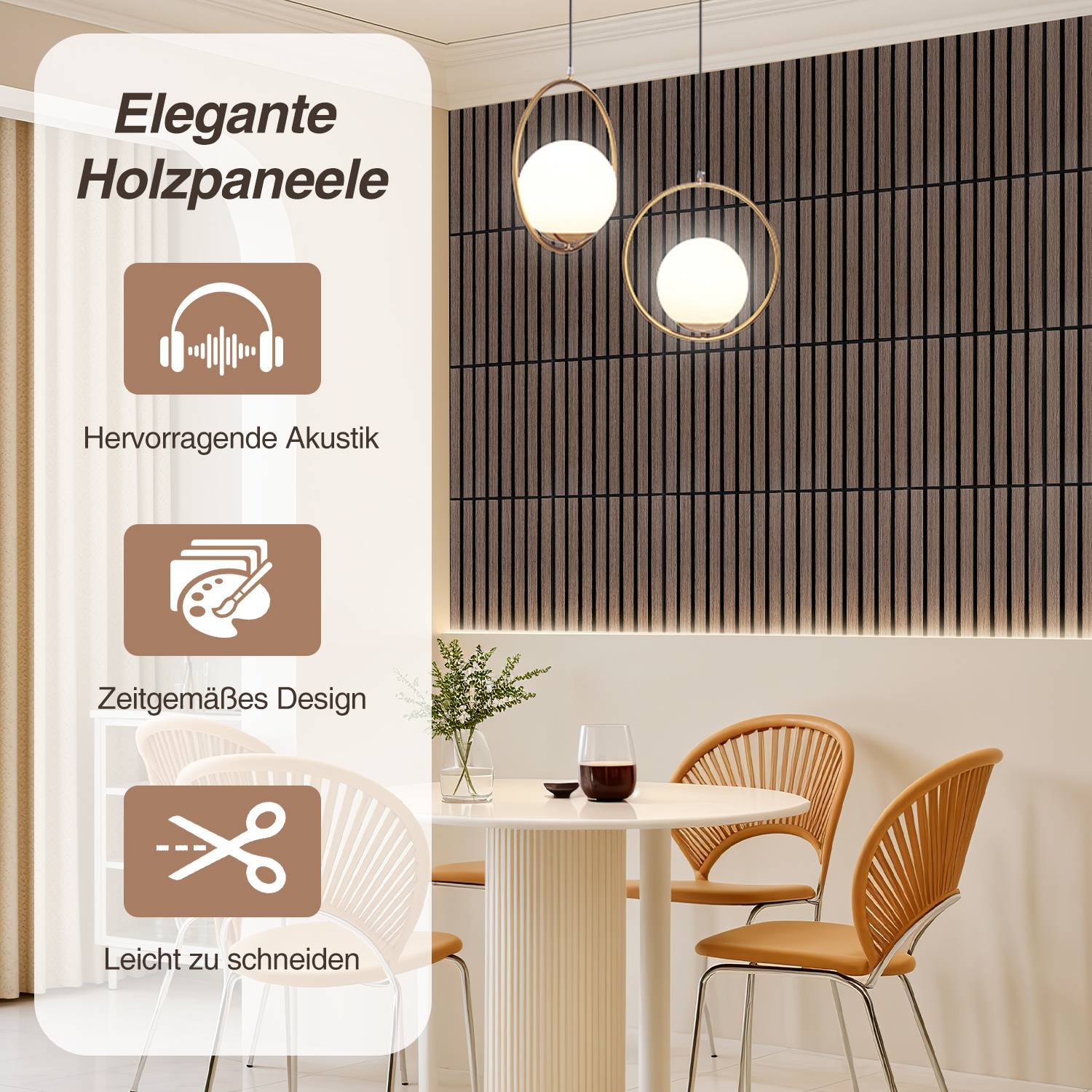 Ein moderner Raum mit Holzpaneelwänden präsentiert Text, der elegante Holzpaneele bewirbt. Icons heben hervorragende Akustik, zeitgenössisches Design und einfache Anpassungsfähigkeit hervor, begleitet von einem Tisch und Stühlen.