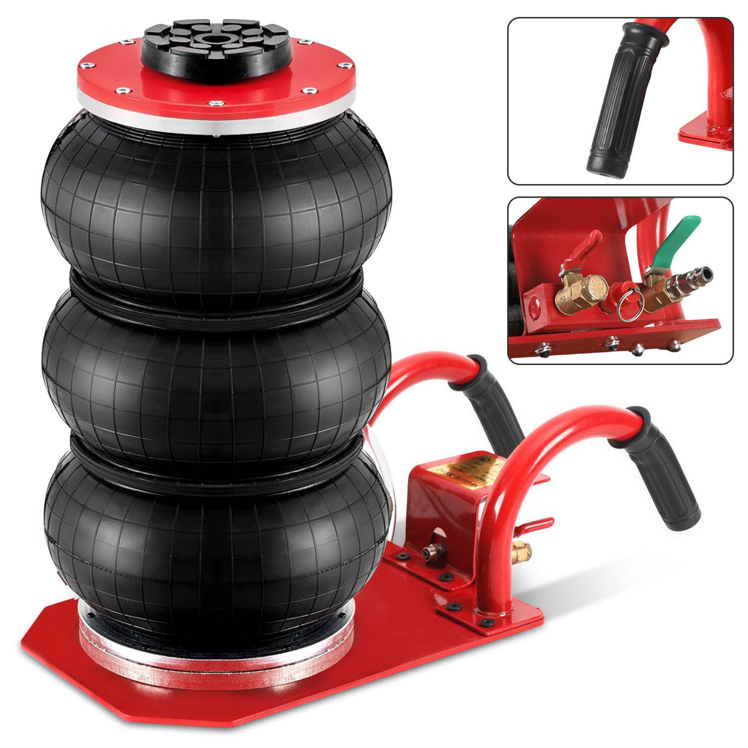 Ein roter und schwarzer pneumatischer Wagenheber mit drei großen, schwarzen, aufblasbaren Luftsäcken und zwei Griffen, der zum Anheben von Fahrzeugen entwickelt wurde.