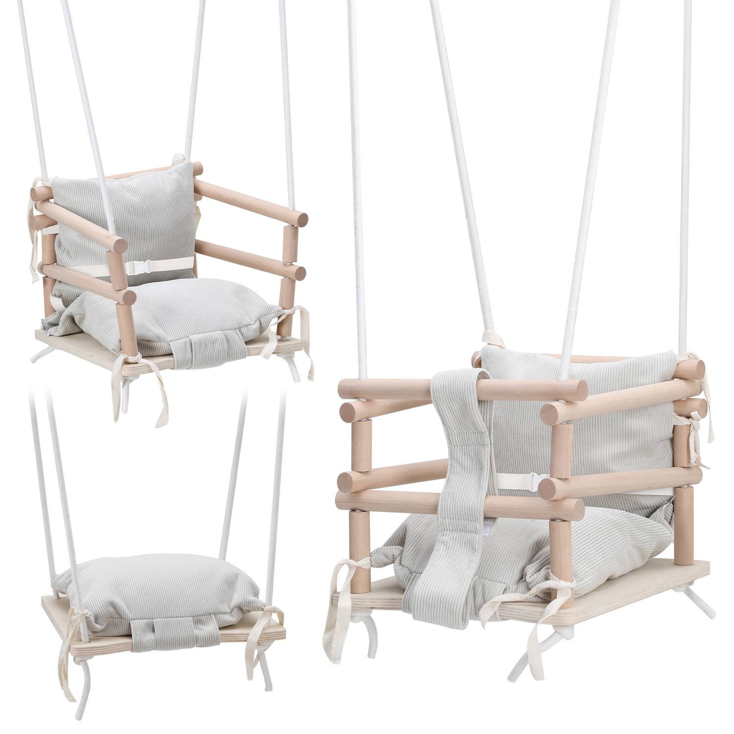 Eine Babyschaukel aus Holz mit gepolstertem Sitz, ausgestattet mit Sicherheitsgurten und verstellbaren Seilen, für den Einsatz im Innenbereich positioniert.