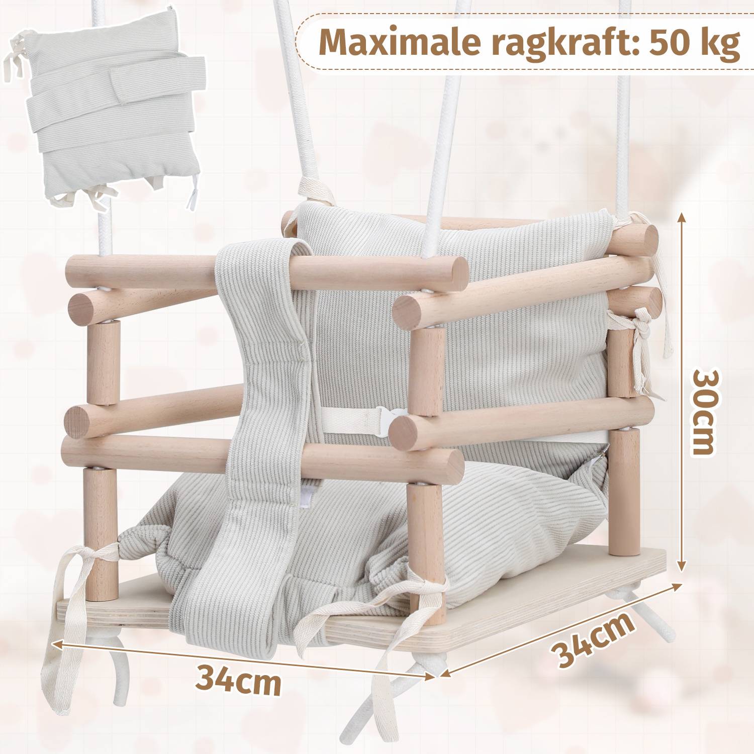 Eine Babyschaukel mit Holzrahmen, gestreifter Polsterung und Sicherheitsgurt. Maße: 34 cm x 34 cm x 30 cm. Gewichtslimit: 50 kg.