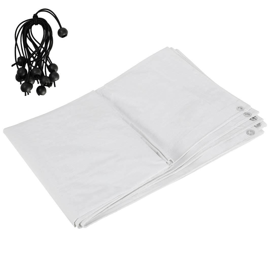 Eine gefaltete weiße Plane mit Metallösen wird neben einem Satz schwarzer Kugelspannseile gezeigt.