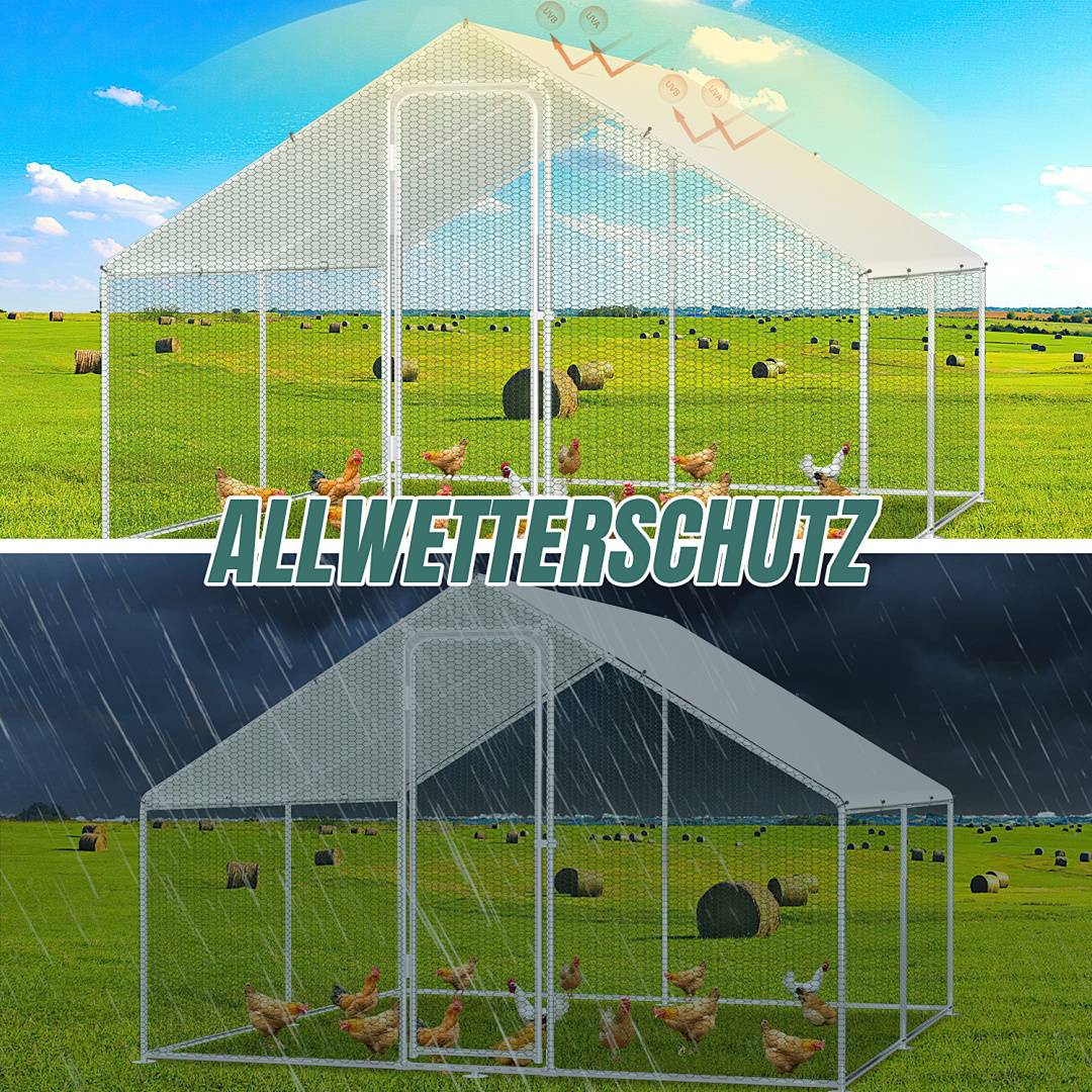 Geteiltes Bild mit einem Hühnerstall in einem sonnigen Feld oben und einem regnerischen Feld unten. Text lautet 'ALLWETTERSCHUTZ', der den Wetterschutz hervorhebt.