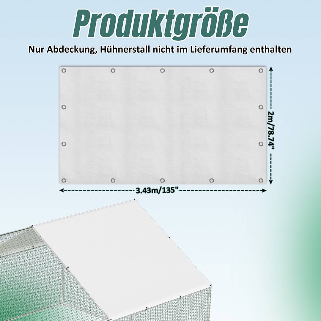Das Bild zeigt ein Diagramm einer Produktüberdachung mit den Maßen 2,7 m x 3,43 m, gekennzeichnet mit 'Produktgröße'. Die Mitteilung weist darauf hin, dass der Hühnerstall nicht im Lieferumfang enthalten ist.