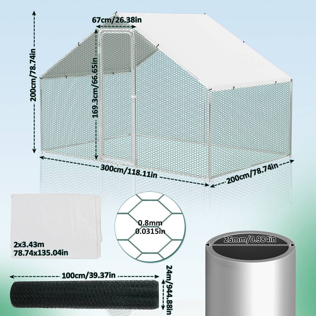 Ein großer Metallhundekäfig für den Außenbereich mit einem weißen Dach, Seitenwänden aus Maschendraht und angegebenen Abmessungen. Enthält Spezifikationen für Maschenweite und Poldurchmesser.