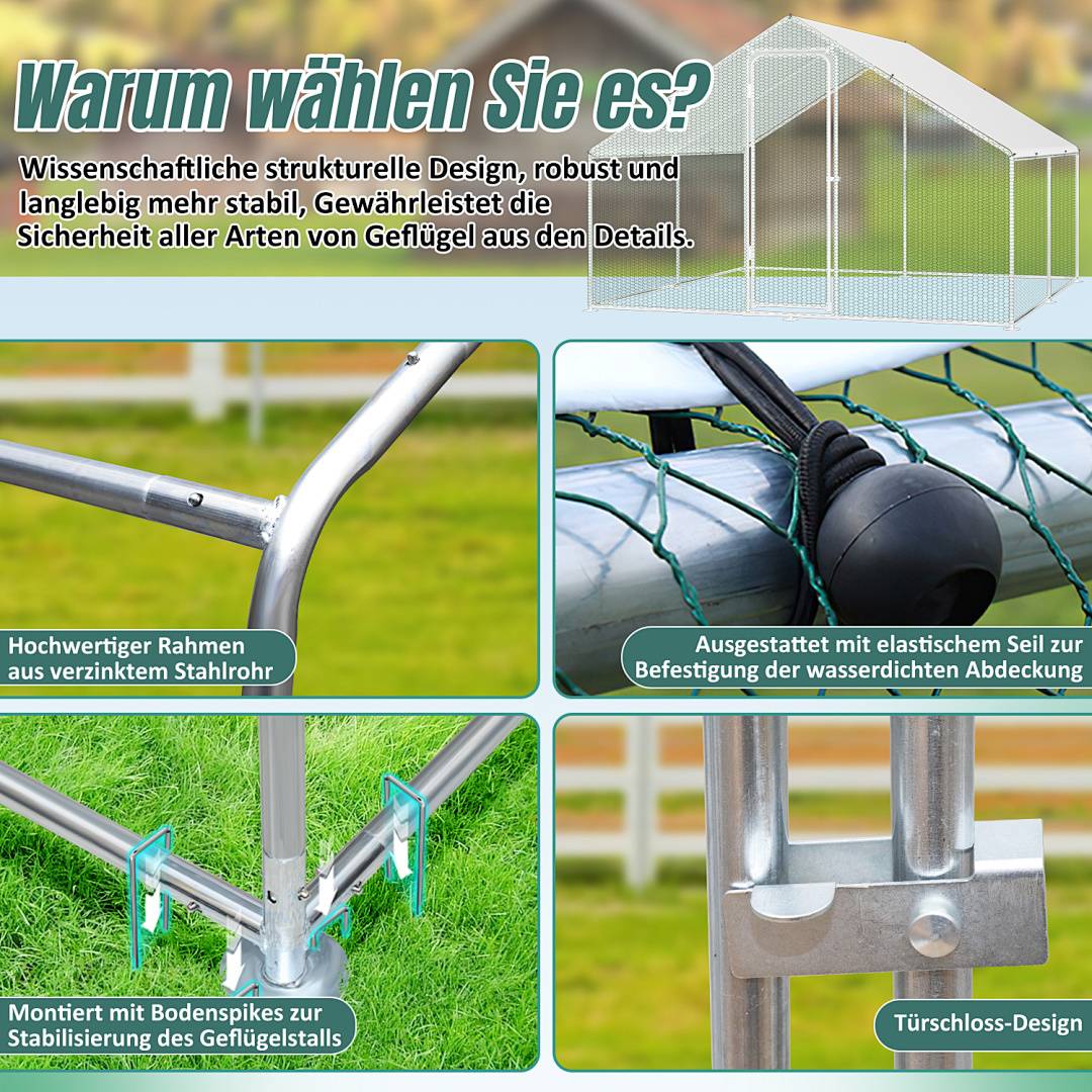 Eine Werbebroschüre für ein sicheres, dauerhaftes Tiergehege hebt Merkmale wie einen hochwertigen Rahmen, ein verstellbares Dach und ein Türdesign mit Verriegelung hervor. Deutscher Text wird über das Bild gelegt.