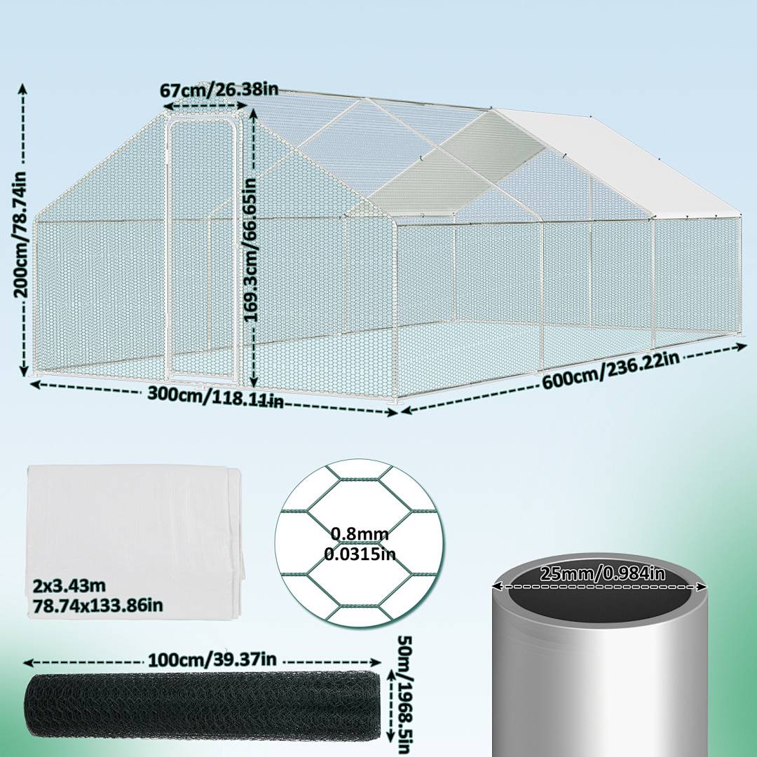 Metallgeflügelgehege mit Abmessungen: 3000cm x 2000cm x 200cm. Inklusive Maschendetail und Planen-Abdeckung. Maschengröße: 0,8cm. Rohrdurchmesser: 2,5cm.
