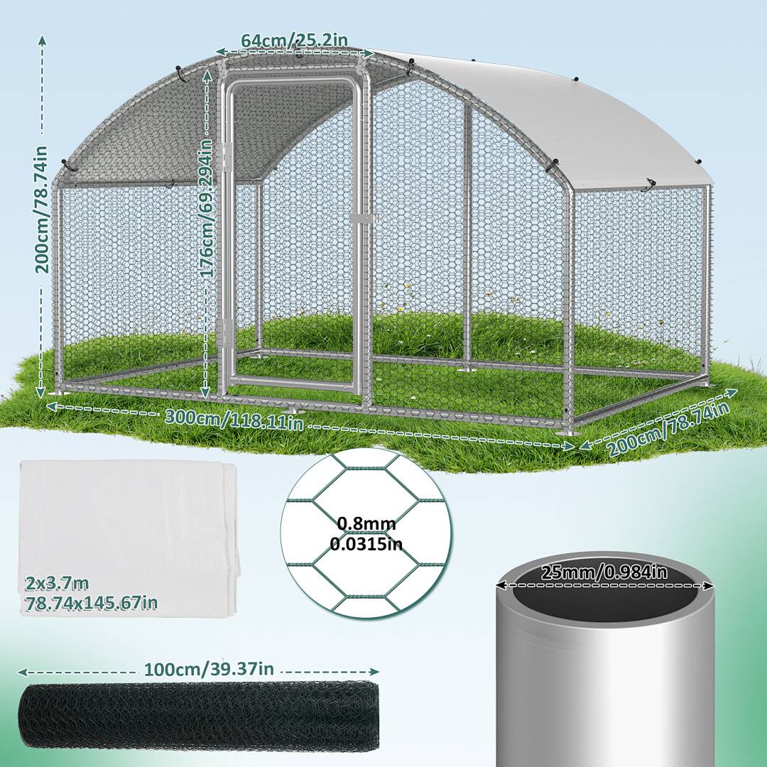 Kettenglied-Haustierkäfig mit gebogener, mit Plane abgedeckter Dachfläche. Abmessungen: 300cm/118,11in x 200cm/78,74in. Merkmale Drahtstärke und Abdeckungen.