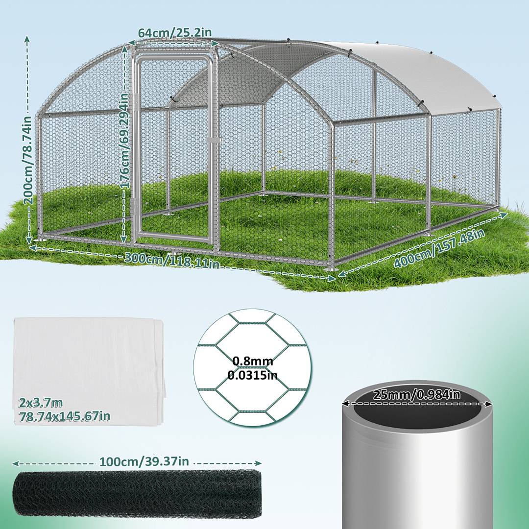 Ein großer Hühnerstall aus Metallgeflecht mit Dach und Tür, deren Abmessungen dargestellt sind. Die untere Abbildung zeigt Details zum Maschendraht, zur Plane und zum Rohrdurchmesser.