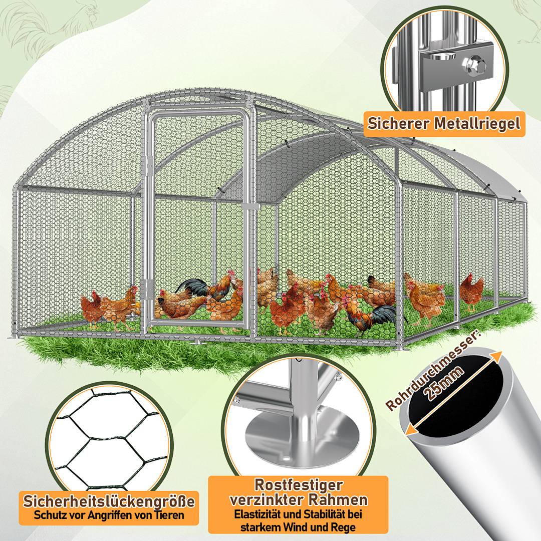 Ein Maschengeflecht-Hühnerstall auf Gras beherbergt mehrere Hühner. Einschübe heben Details hervor: robuster Metallriegel, sichere Maschenabstände und rostfreier Rahmen.