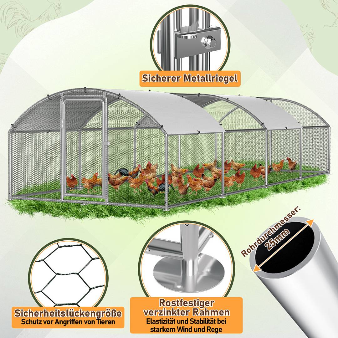 Großer Hühnerstall mit sicherem Metallschloss, verzinktem Rahmen für Stabilität und Tiersicherheitsnetz. Ausgestattet mit einem 25 mm Durchmesser Rohr.