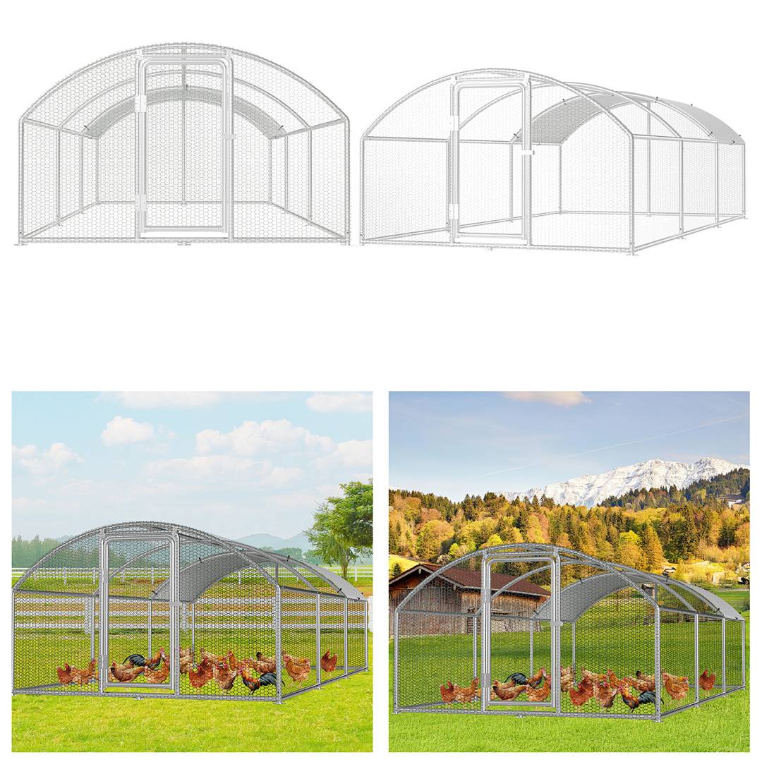 Hühnerstall-Design mit Drahtgitteransichten und realistischen Szenen mit Hühnern im Innenbereich. Der Hintergrund umfasst Gras und Berge.