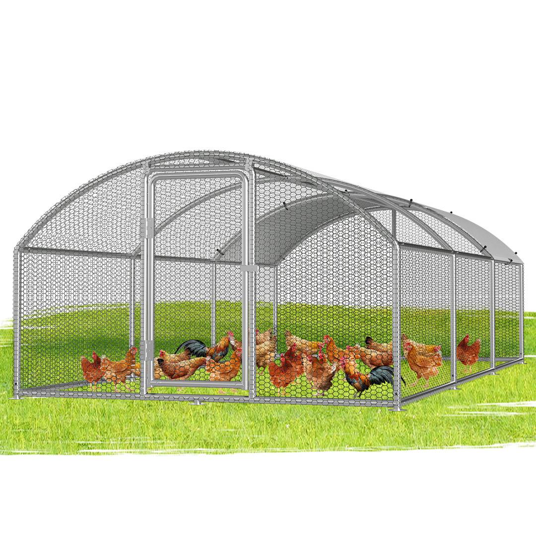 Ein großer Metallhühnerstall auf Gras, in dem sich mehrere Hühner im Inneren befinden. Der Stall ist mit Drahtgeflecht bedeckt und verfügt über ein gewölbtes Dach.