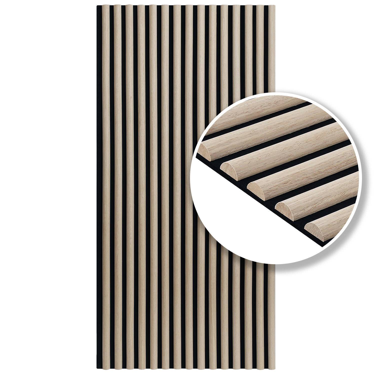 Rechteckiges Panel mit vertikalen Holzlatten und schwarzem Rückenpaneel. Einschub zeigt Nahaufnahme der Lattentextur und -farbe.