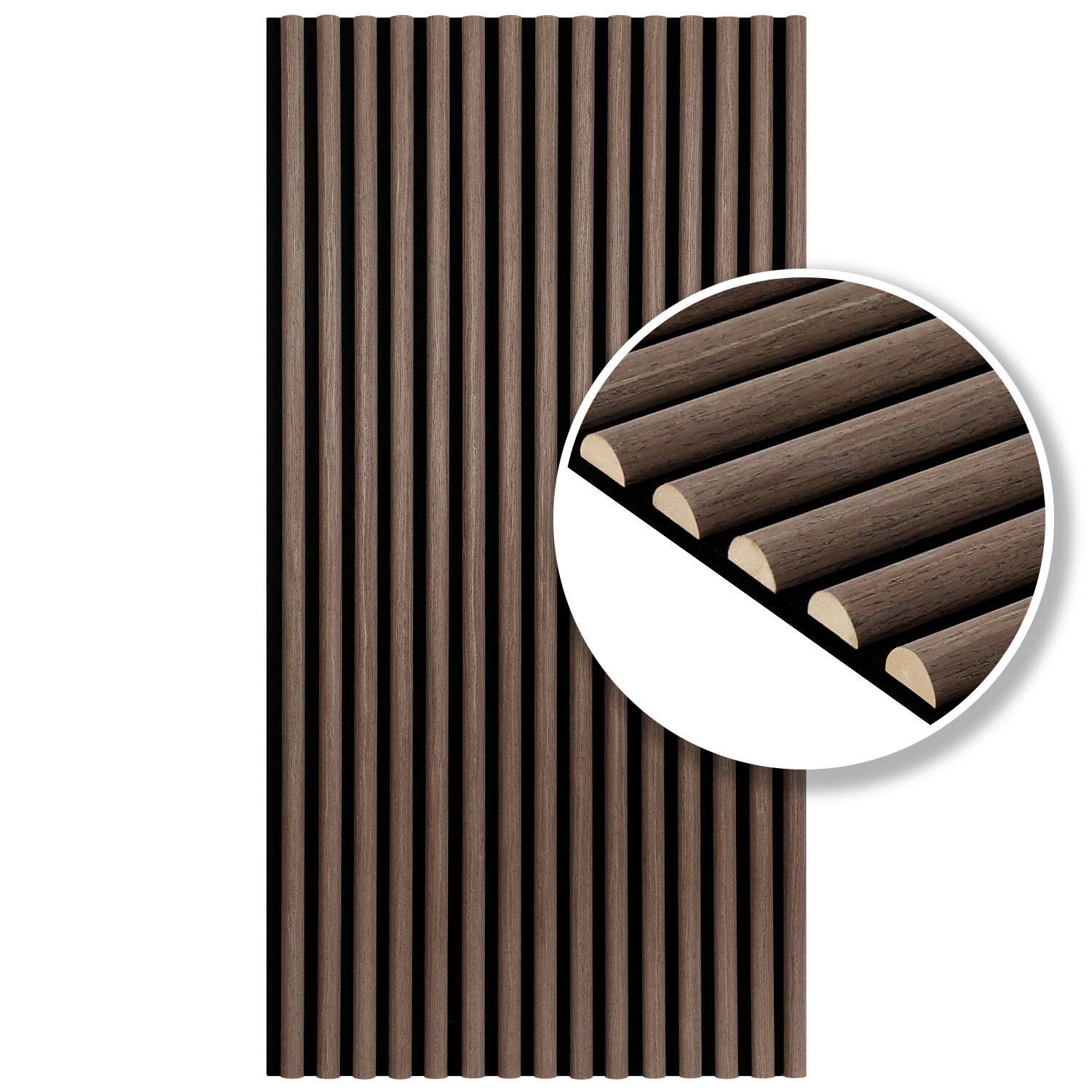 Holzwandpaneel mit vertikalen dunklen braunen Lamellen. Einschub zeigt eine Nahaufnahme der Profilkante, die seine geschwungene Form hervorhebt.