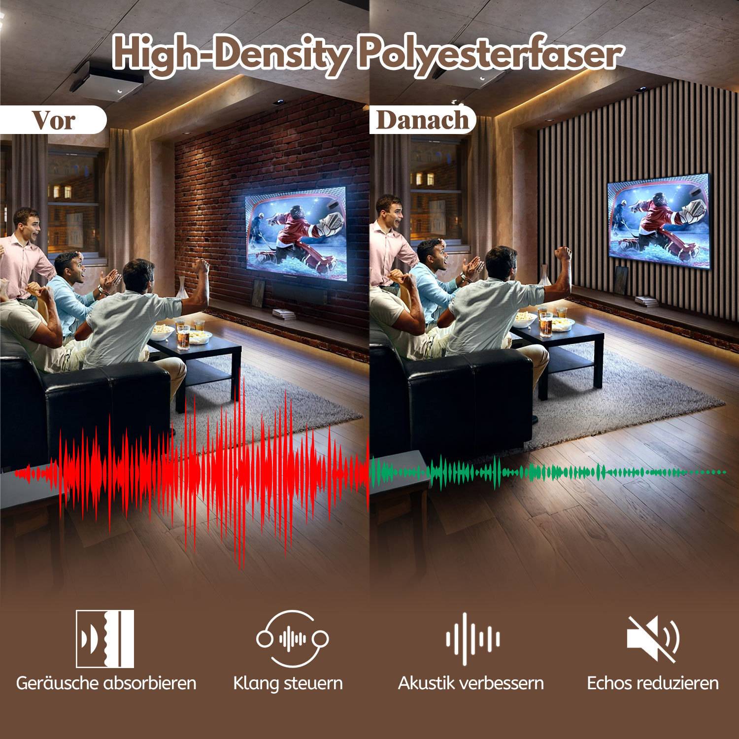 Zwei Bilder vergleichen die Klangqualität vor und nach der Verwendung eines Produkts, während Personen Fernsehen schauen. Der Text weist auf eine verbesserte Schallabsorption und Echoreduzierung hin.