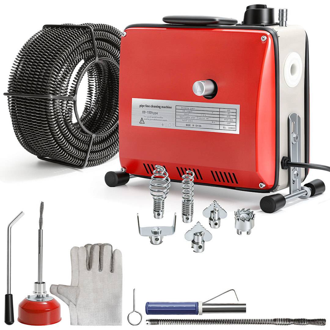 Eine rote und silberne elektrische Rohrreinigungsmaschine wird zusammen mit verschiedenen Zubehörteilen wie Handschuhen, Bohrspiralen und einem aufgerollten Kabel gezeigt.