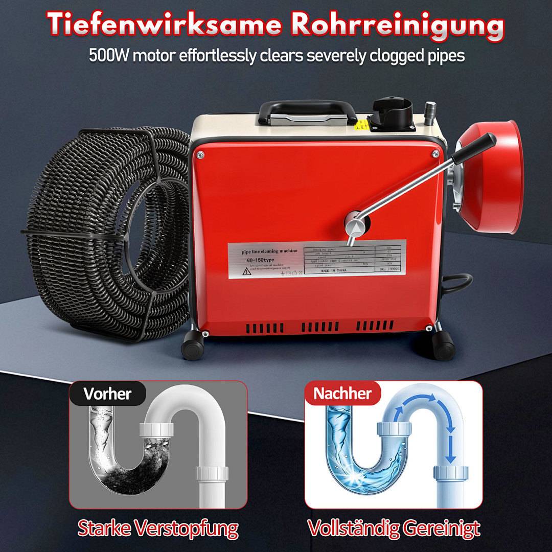 Rote Rohrreinigungsmaschine mit aufgewickeltem Kabel. Text lautet: 