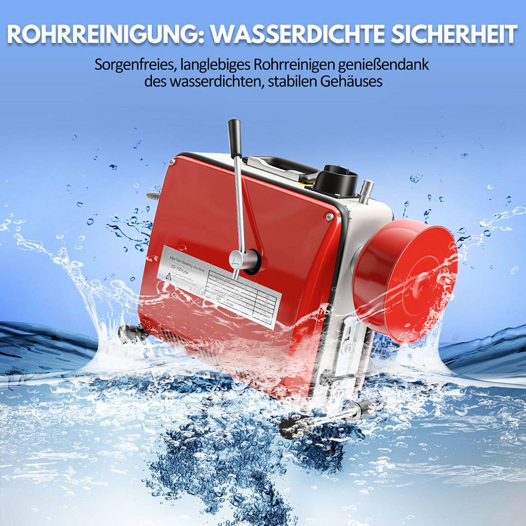 Eine Maschine mit rotem Gehäuse ist im Wasser eingetaucht und demonstriert damit ihre Wasserdichtigkeit. Text lautet: 'Rohrreinigung: Wasserdichte Sicherheit'.