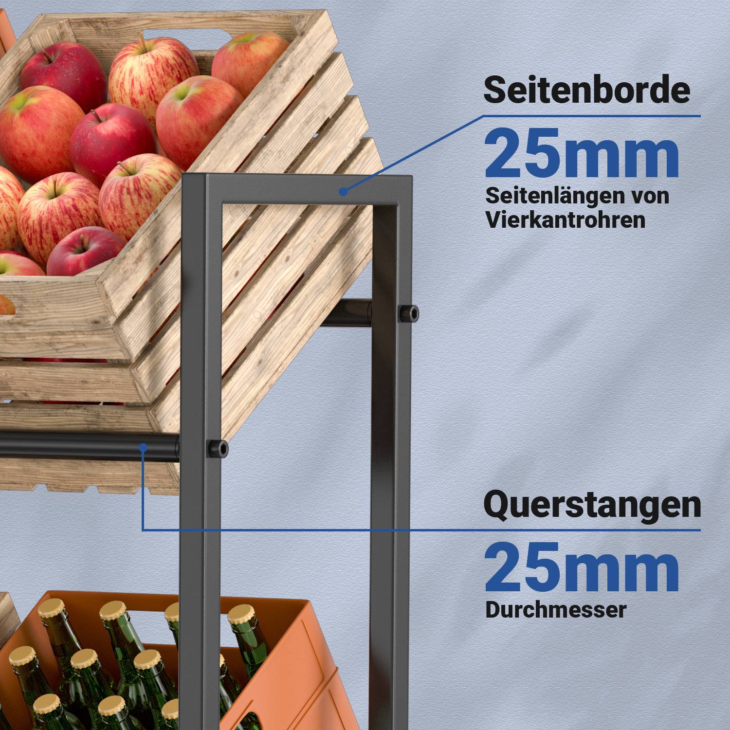 Seitenborde' zeigt einen Apfelkasten auf einem Gestell; Seitenbretter bestehen aus 25-mm-Quadratröhren. 'Querstangen' hat 25-mm-Querstreben, dargestellt mit Flaschen.