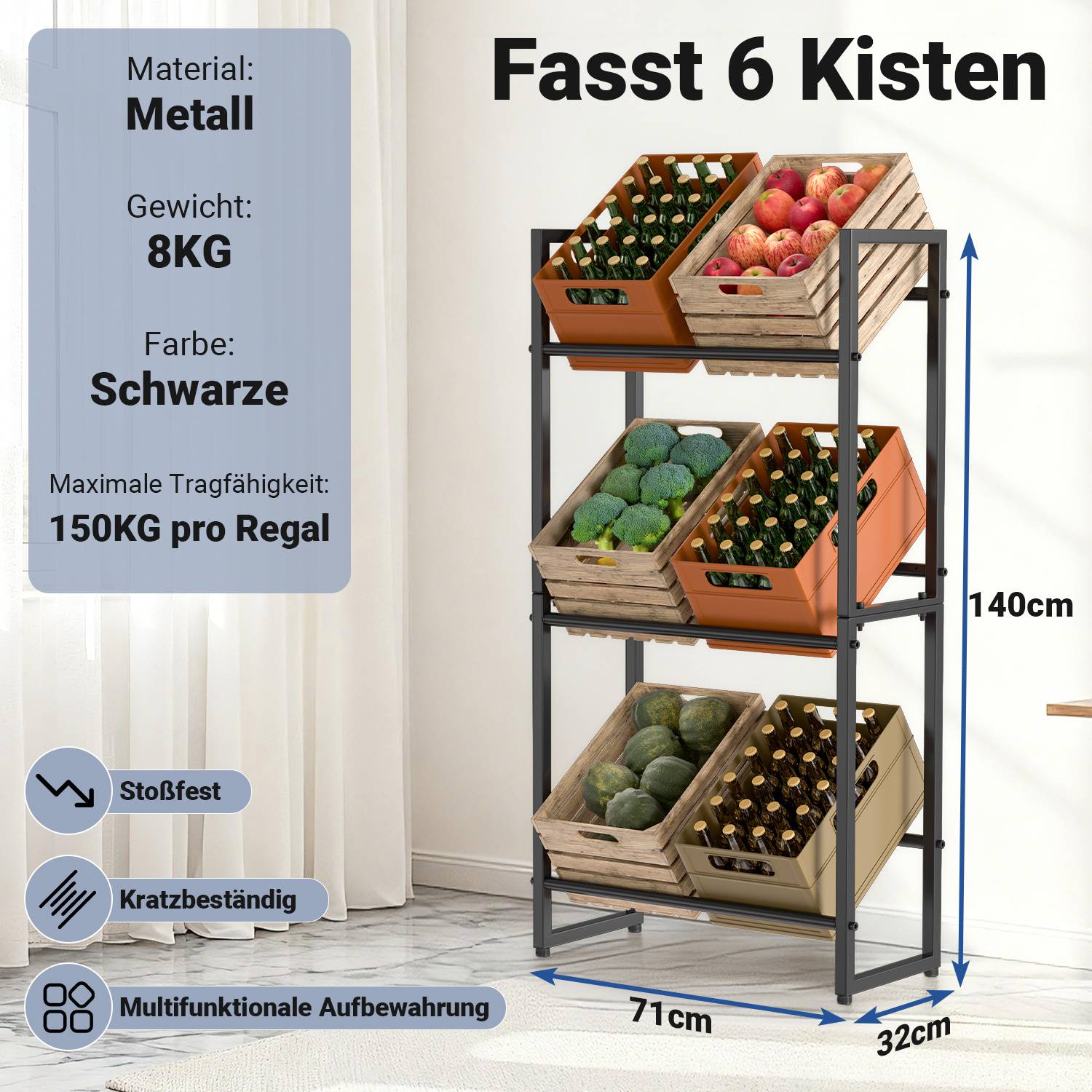 Ein Metallregal fasst sechs Kisten mit Obst und Gemüse. Zu den Merkmalen gehören eine Gewichtsgrenze von 150 kg pro Regalebene, Stoßfestigkeit und Kratzunempfindlichkeit. Abmessungen: 140 cm hoch, 71 cm breit, 32 cm tief.