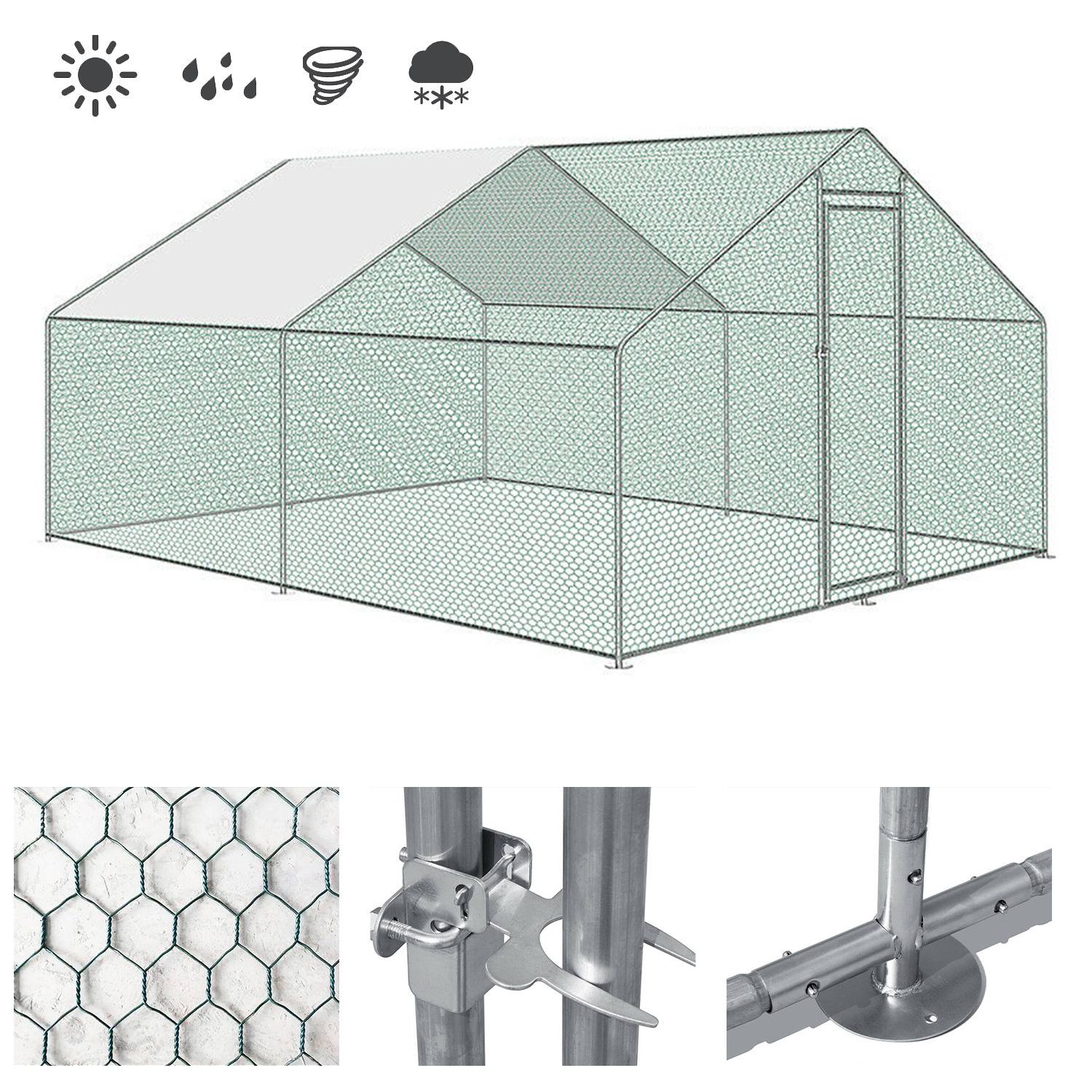 Geflügel-Außengehege mit witterungsbeständigen Eigenschaften, dargestellt durch Symbole. Enthält Details zum Drahtgeflechtgeheges, sichere Verriegelung und stabiles Rahmengestell.