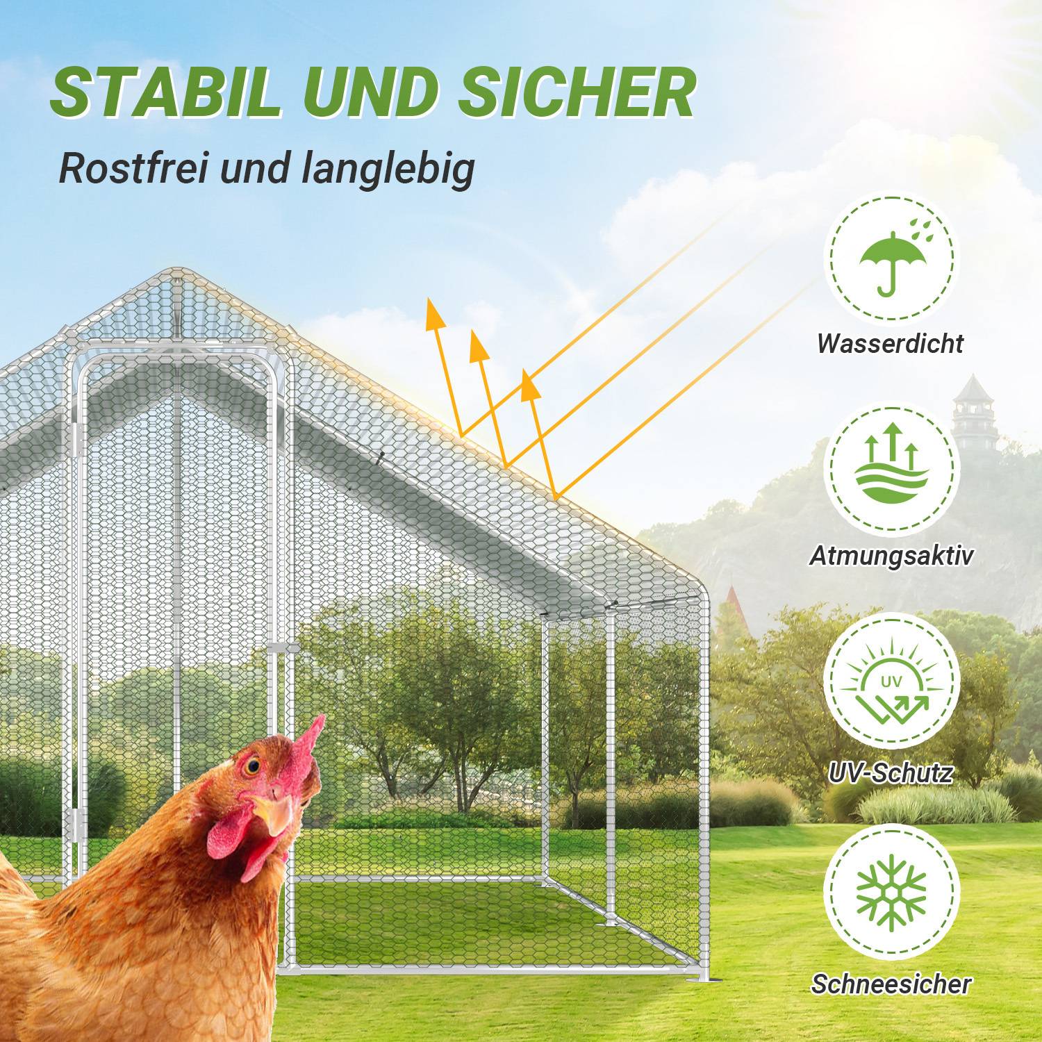 Stabil und sicher' zeigt eine große transparente Struktur mit einem Huhn, die die Vorteile von Wasserdichtigkeit, Atmungsaktivität, UV-Schutz und Schneefestigkeit hervorhebt.