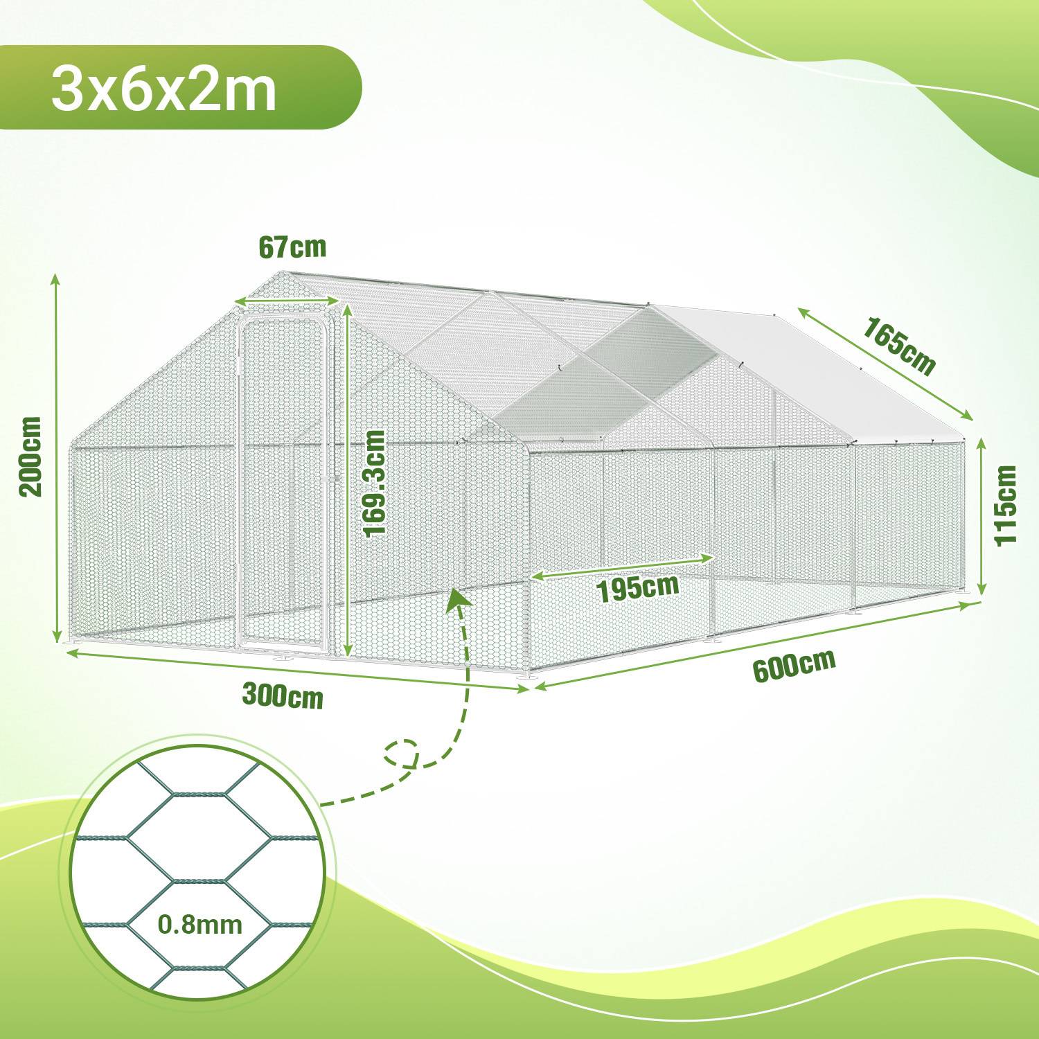 Diagramm zur Veranschaulichung einer 3x6x2m Gitterstruktur mit Dimensionen: 200 cm Höhe, 67 cm Scheitelhöhe, 115 cm untere Höhe, Länge von 600 cm und Breite von 300 cm. Gitterdetail zeigt eine Dicke von 0,8 mm.
