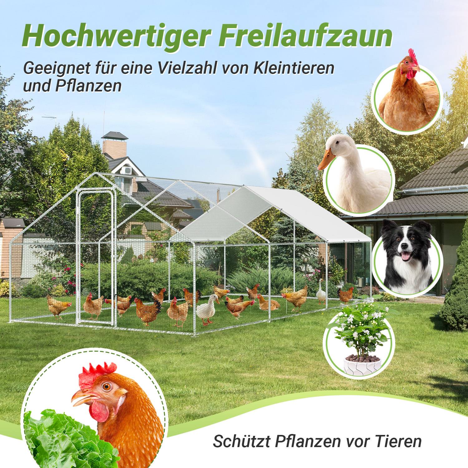 Hühnerstall in einem Garten mit dem Text 'Hochwertiger Freilaufzaun' und Bildern verschiedener Tiere. Ställe schützen Pflanzen vor Tieren.
