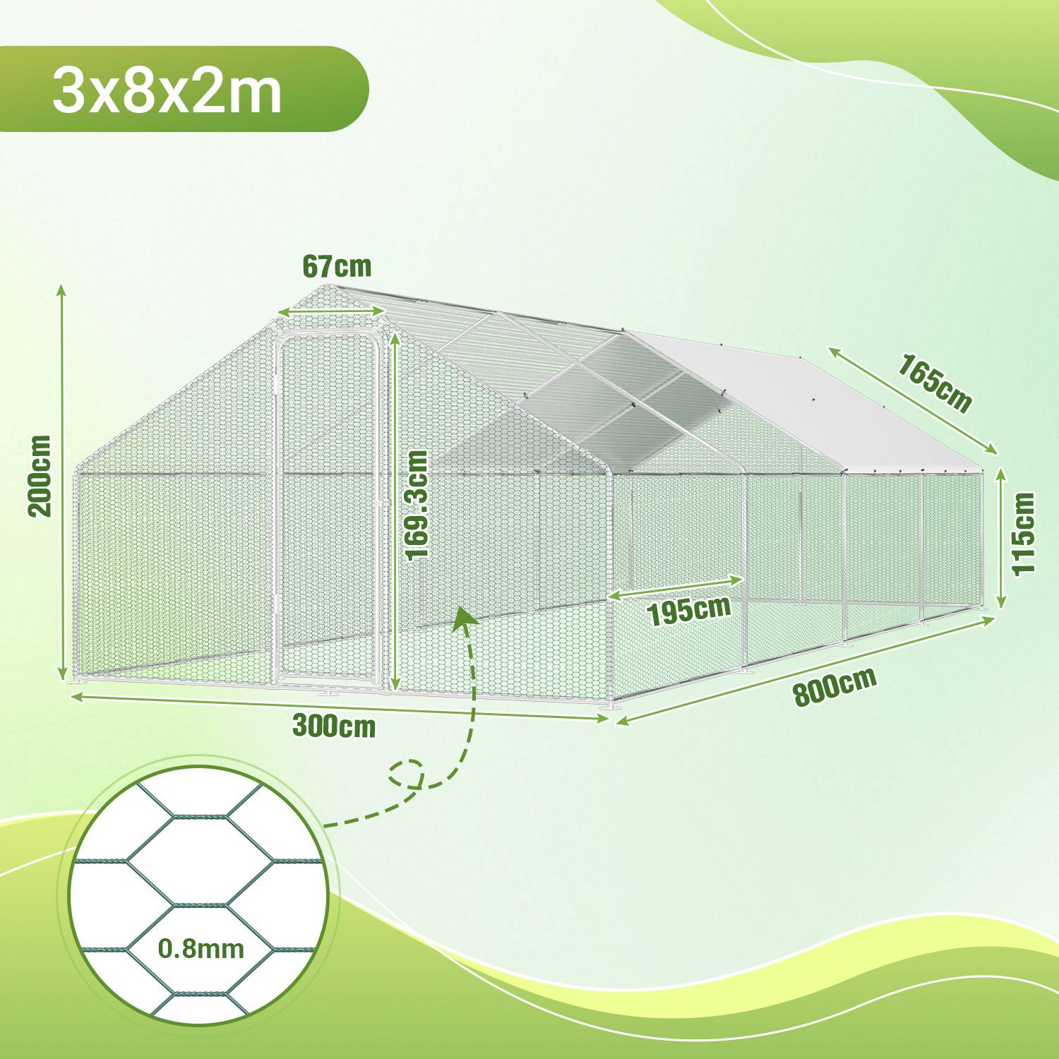 Eine Architekturzeichnung, die eine 3x8x2m Konstruktion mit Netzwerk zeigt, mit folgenden Abmessungen: 200 cm Höhe, 800 cm Länge, 300 cm Breite, 1,69 m Scheitelhöhe, 67 cm Neigung.