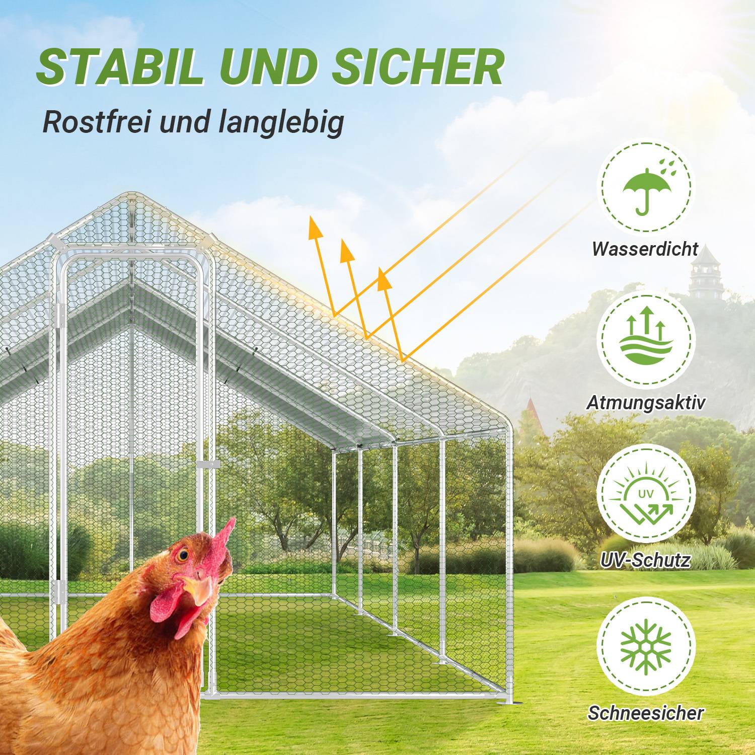 Ein Drahtgeflechtgeflügelstall steht auf einer Wiese und präsentiert Eigenschaften wie Wasserdichtigkeit, Atmungsaktivität, UV-Schutz und Schneeresistenz.