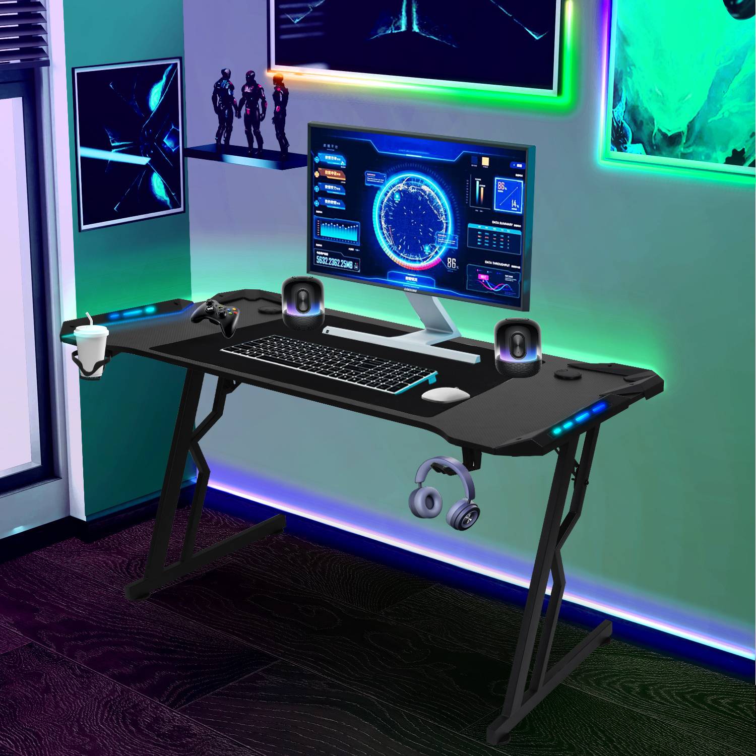 Ein modernes Gaming-Setup mit einem schlanken Schreibtisch, auf dem zwei Monitore futuristische Themen anzeigen, eine Tastatur, eine Maus und Kopfhörer. Bunte LED-Lichter beleuchten den Raum.